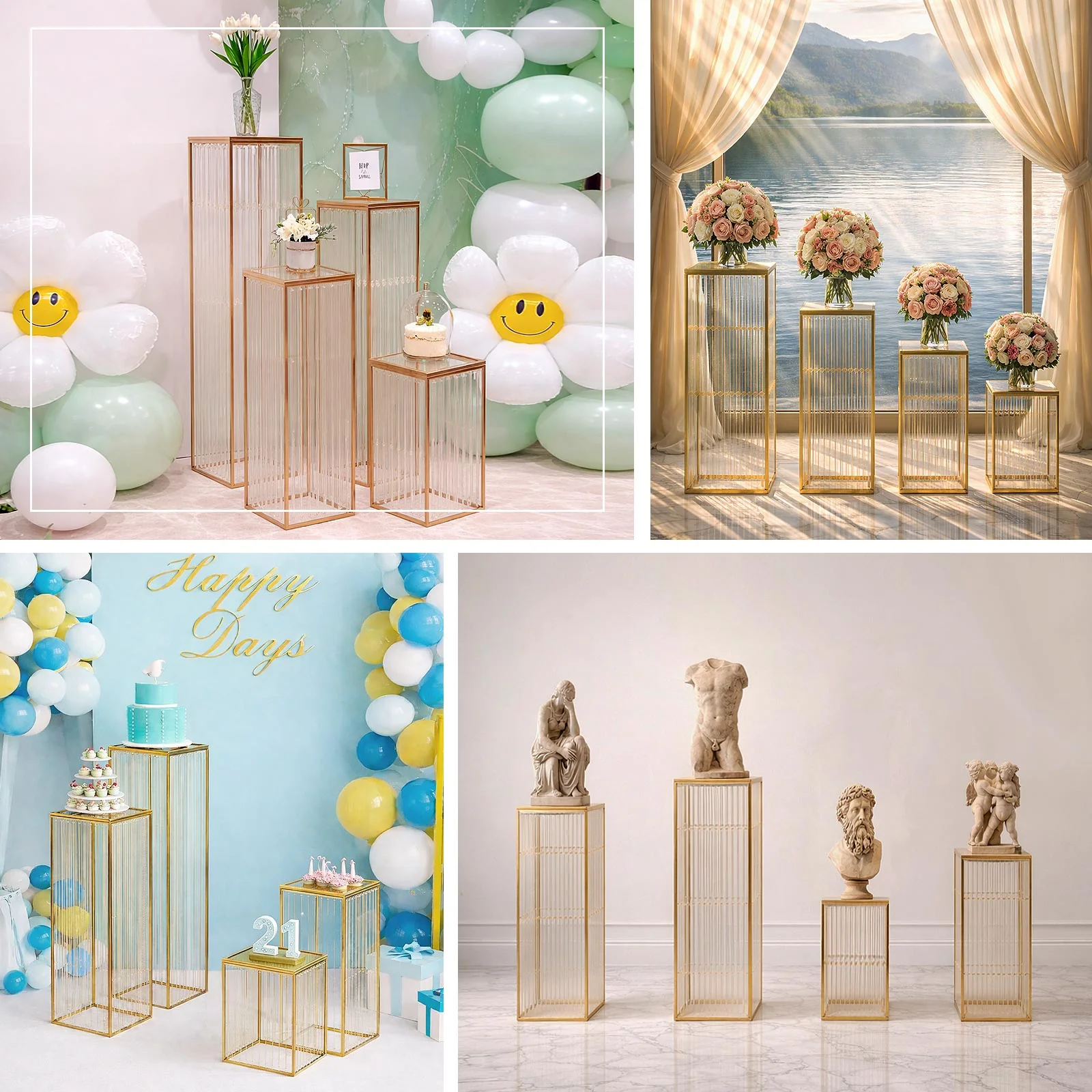 Gold Metal Pedestal Stands – Set of 4 Pre-Assembled Rectangular Cake and Floral Display Risers with Acrylic Top & Crystal Pendant Strip Chains – 16", 24", 32", 40" - Image 5