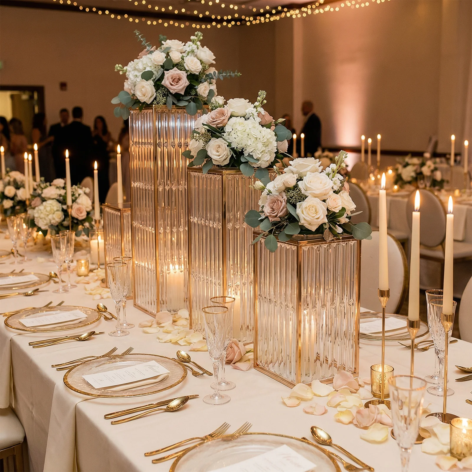Gold Metal Pedestal Stands – Set of 4 Pre-Assembled Rectangular Cake and Floral Display Risers with Acrylic Top & Crystal Pendant Strip Chains – 16", 24", 32", 40" - Image 6