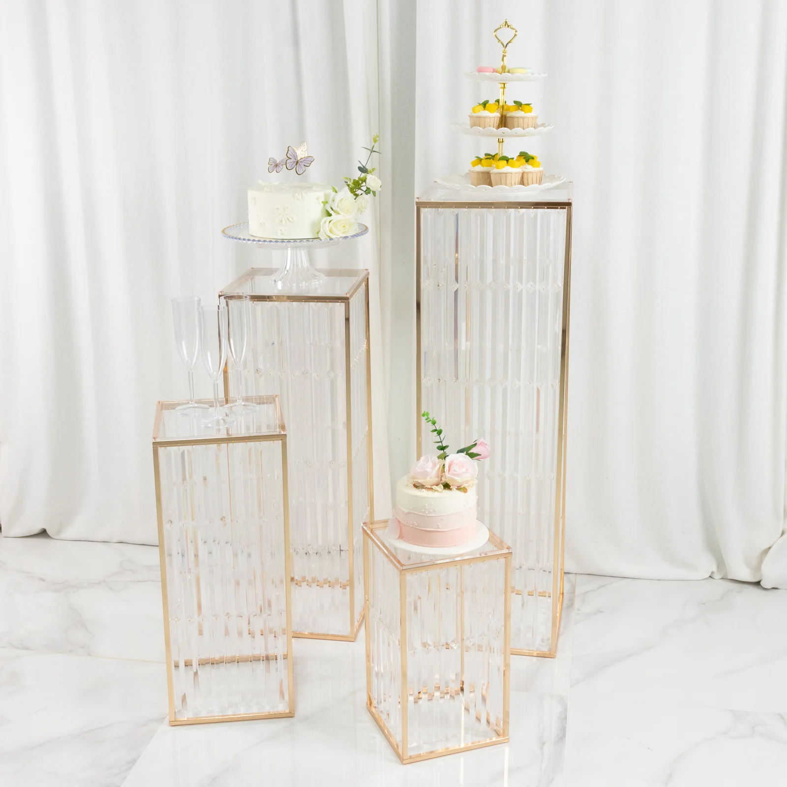 Gold Metal Pedestal Stands – Set of 4 Pre-Assembled Rectangular Cake and Floral Display Risers with Acrylic Top & Crystal Pendant Strip Chains – 16", 24", 32", 40" - Image 7