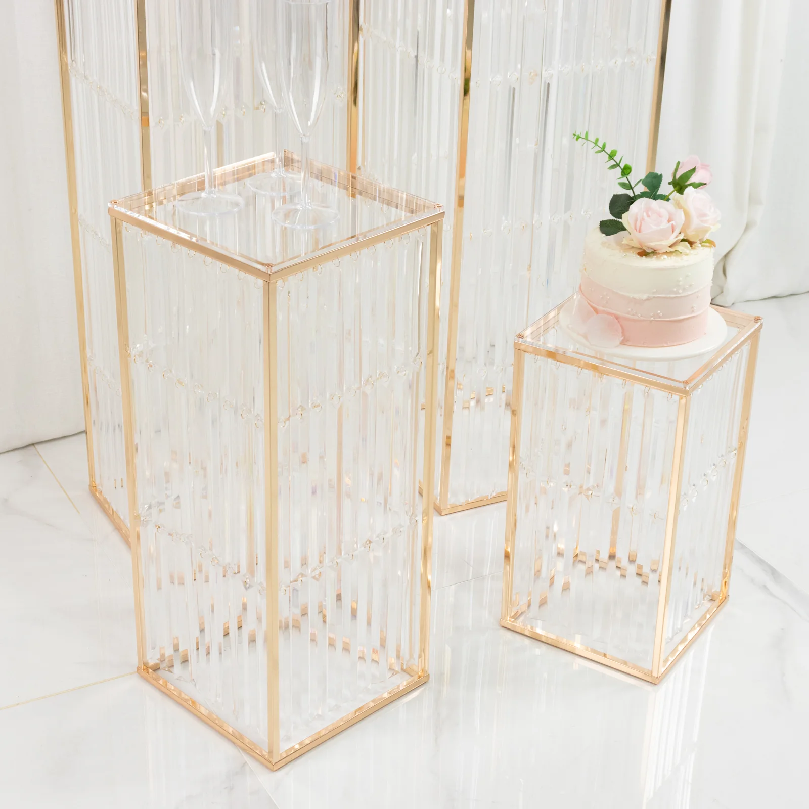 Gold Metal Pedestal Stands – Set of 4 Pre-Assembled Rectangular Cake and Floral Display Risers with Acrylic Top & Crystal Pendant Strip Chains – 16", 24", 32", 40" - Image 8