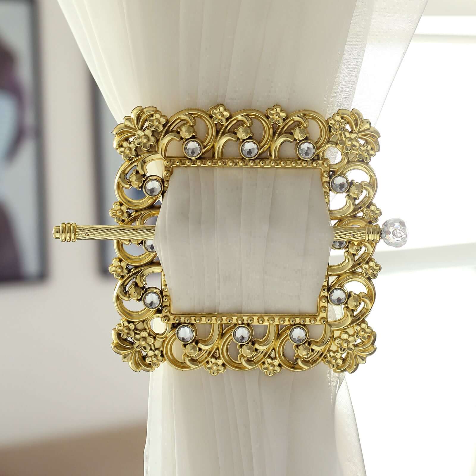 Set of 2 7" Gold Barrette Style Diamond Backdrop Drapery Holdbacks, Square Acrylic Crystal Curtain Brooch Tie Backs - Image 5