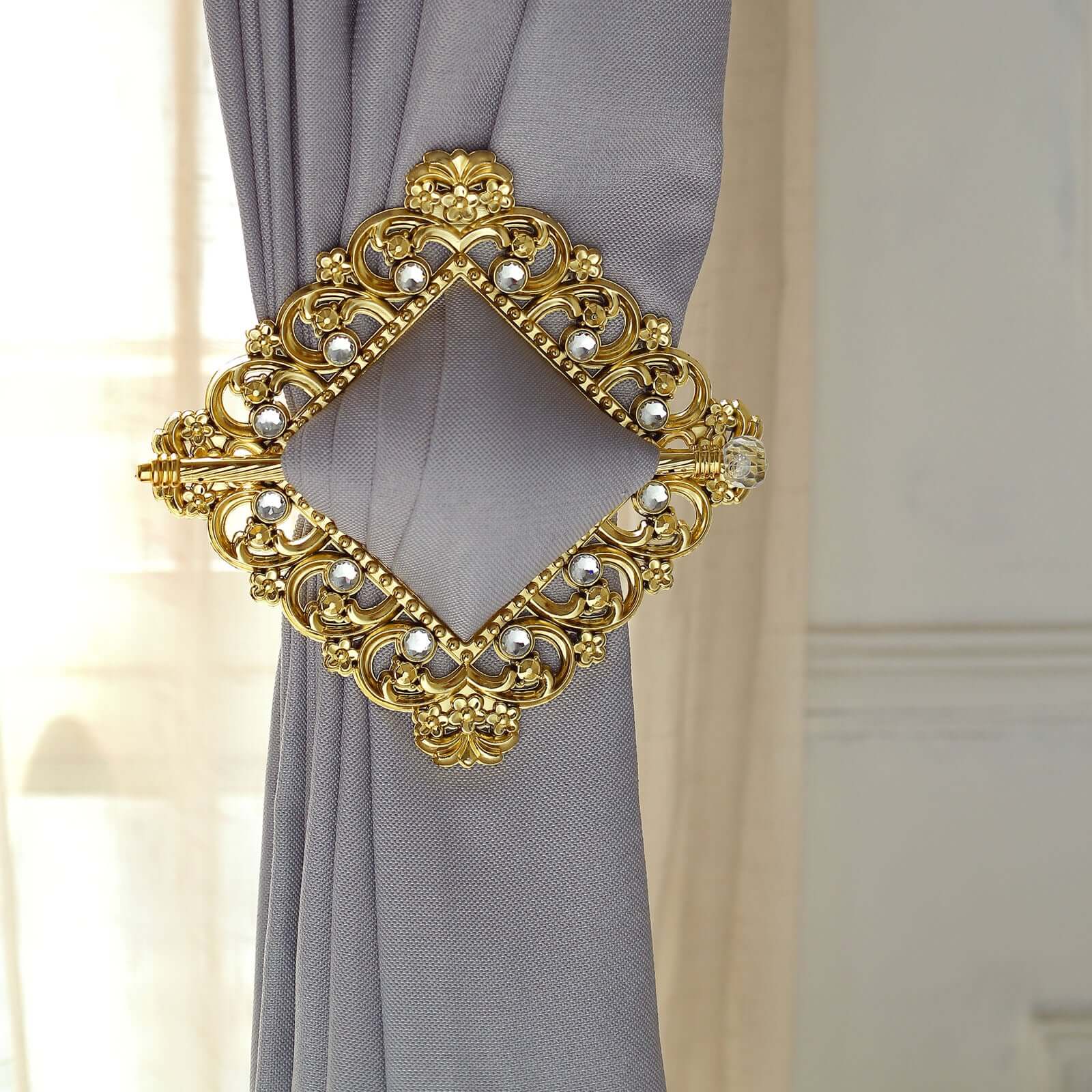 Set of 2 7" Gold Barrette Style Diamond Backdrop Drapery Holdbacks, Square Acrylic Crystal Curtain Brooch Tie Backs - Image 8