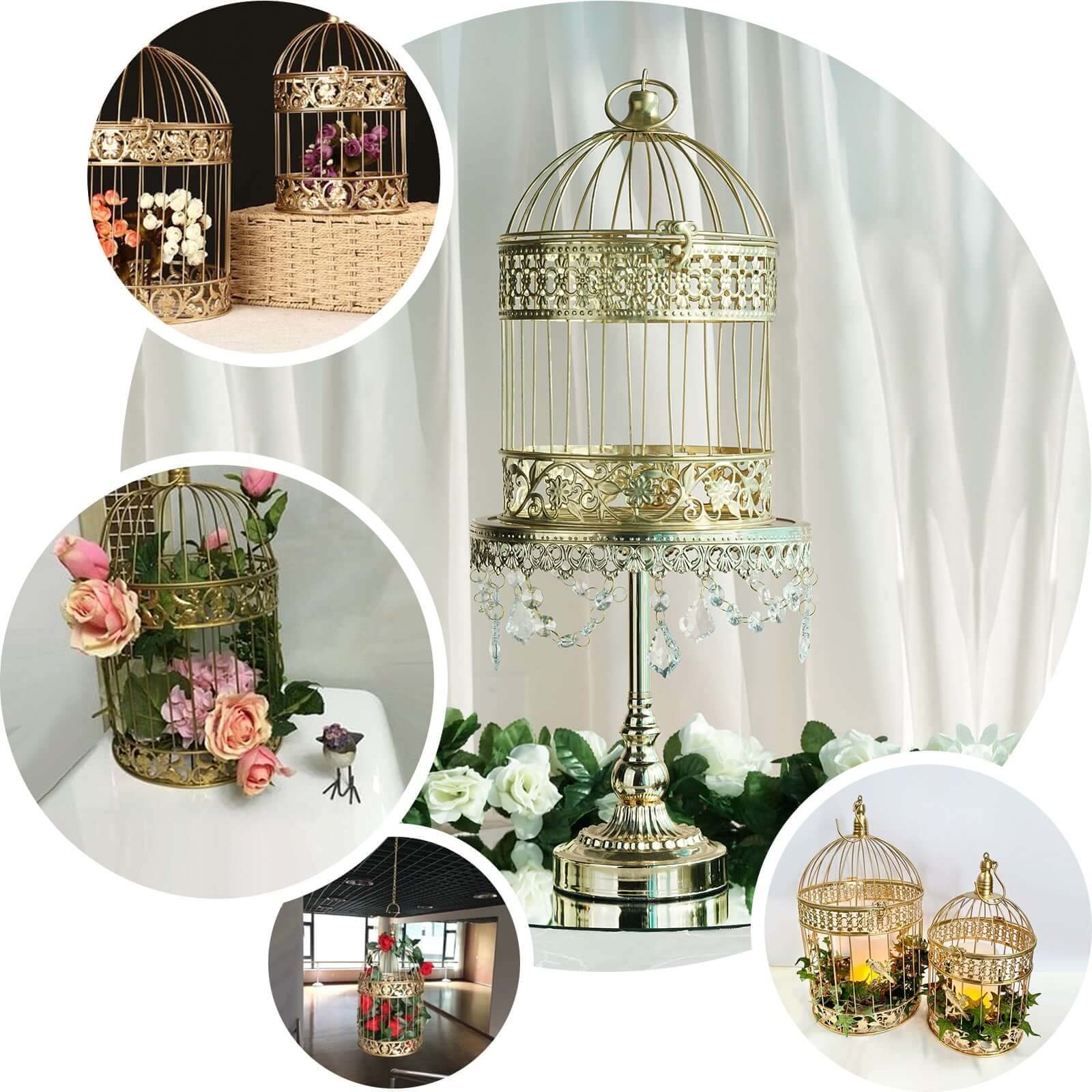 Set of 2 Card Holders Wrought Iron Bird Cage Design Metallic Gold - Decorative Display Stand 9"/13" - Image 5