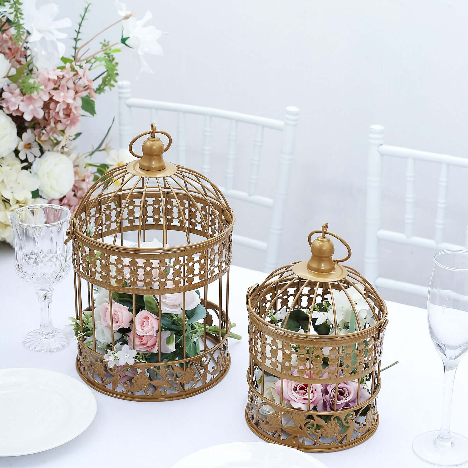 Set of 2 Card Holders Wrought Iron Bird Cage Design Metallic Gold - Decorative Display Stand 9"/13" - Image 6