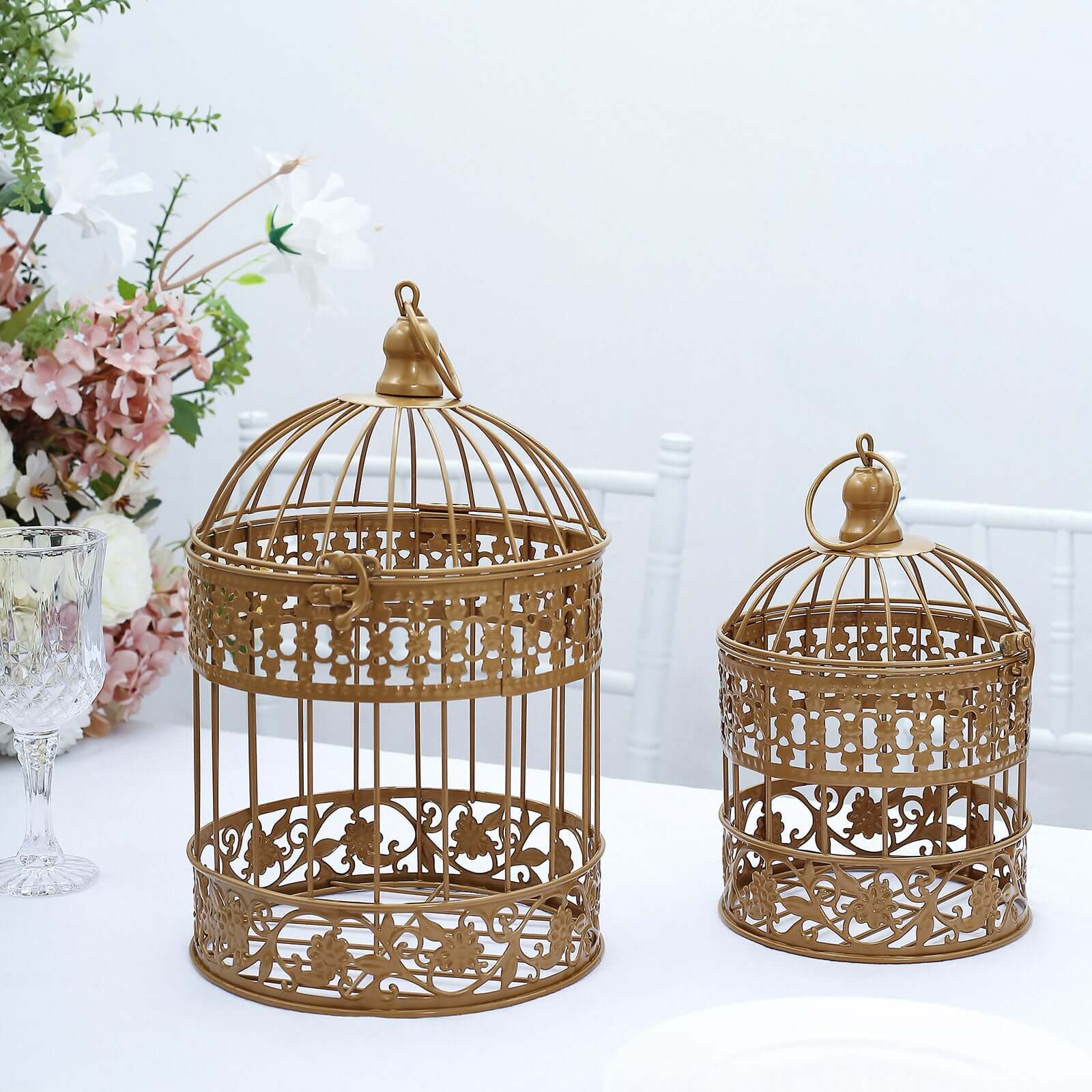 Set of 2 Card Holders Wrought Iron Bird Cage Design Metallic Gold - Decorative Display Stand 9"/13" - Image 8