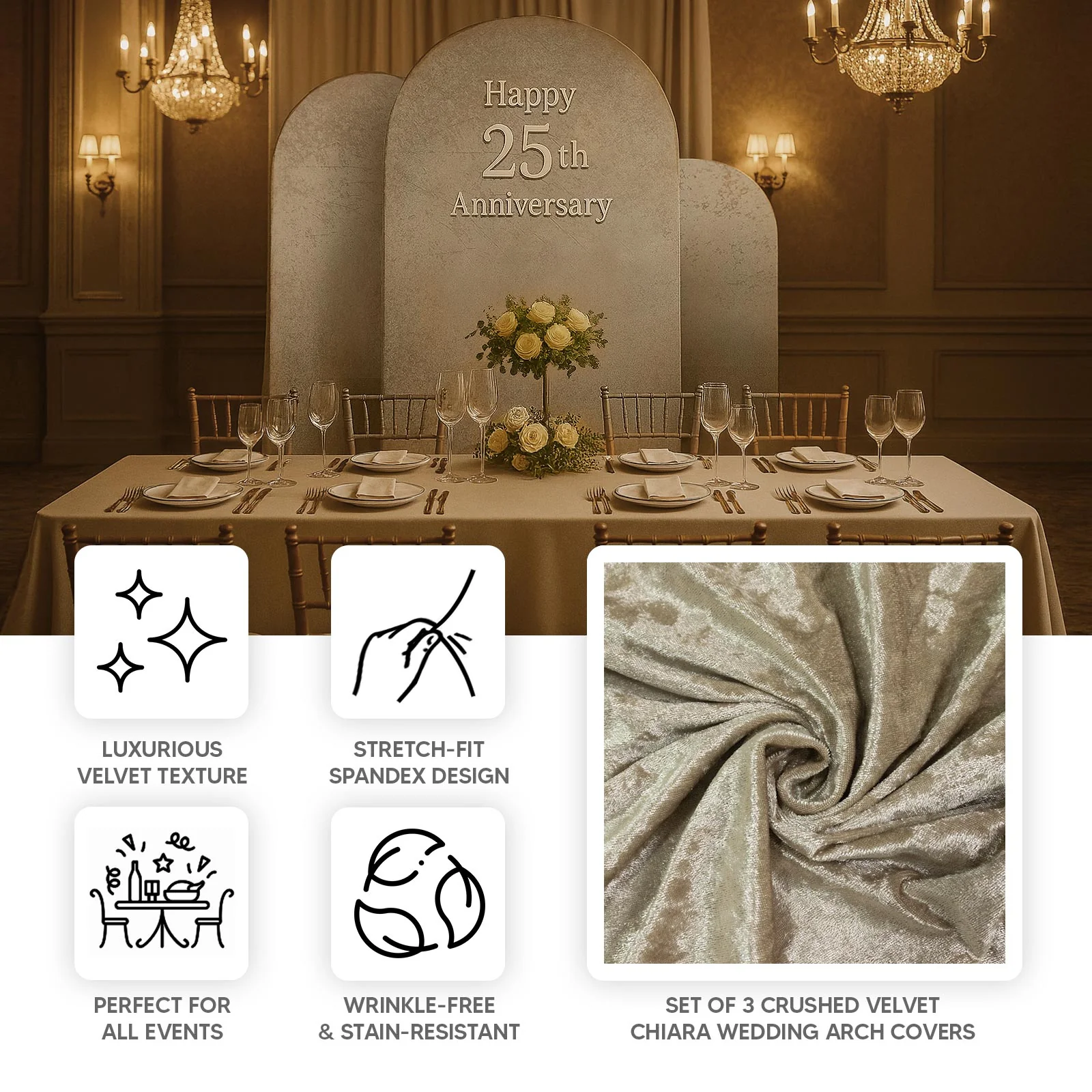 Set of 3 Beige Crushed Velvet Chiara Backdrop Stand Covers For Round Top Wedding Arches - 5ft, 6ft, 7ft - Image 4