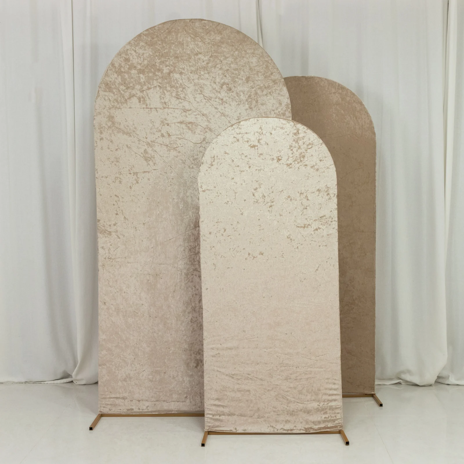 Set of 3 Beige Crushed Velvet Chiara Backdrop Stand Covers For Round Top Wedding Arches - 5ft, 6ft, 7ft - Image 7