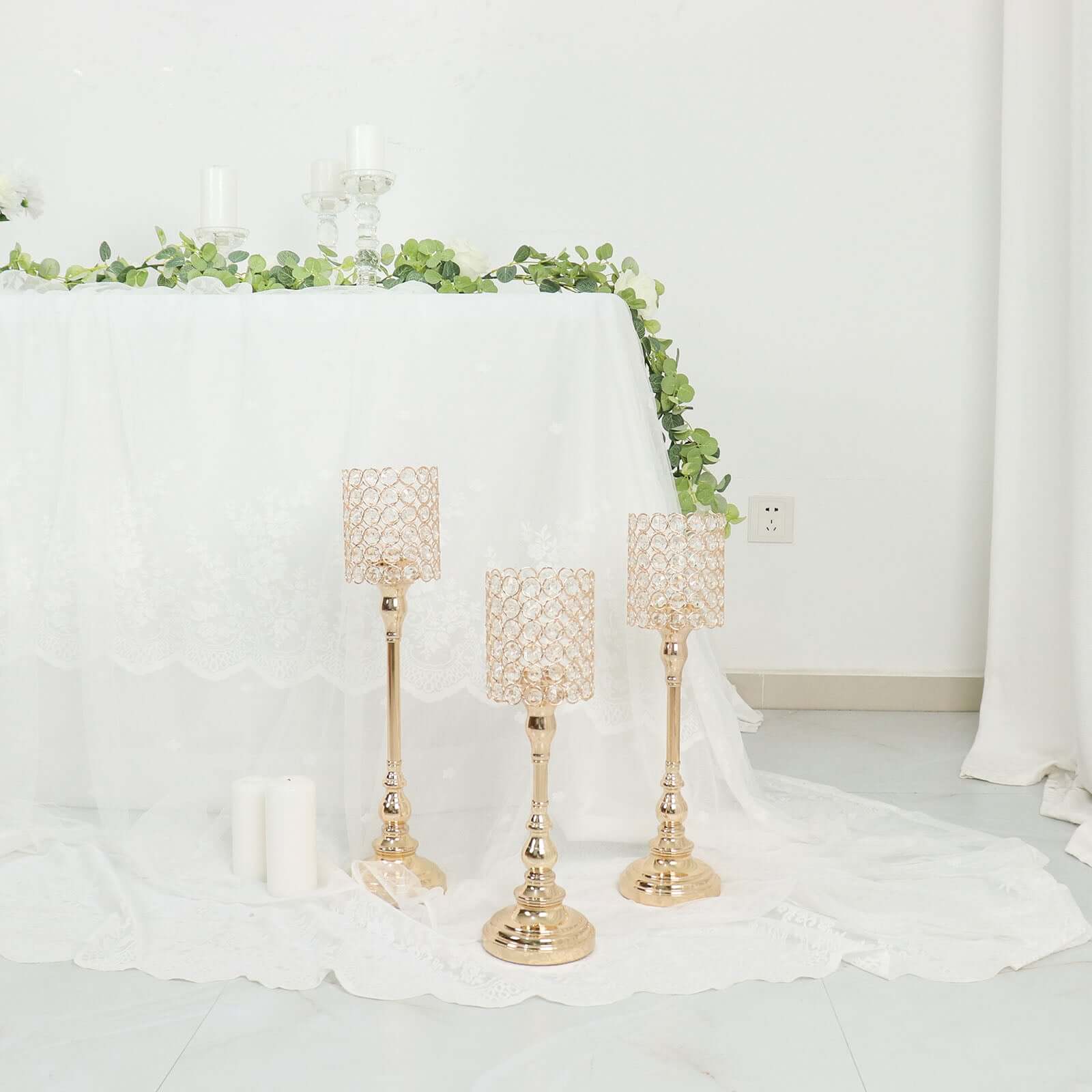 Set of 3 Crystal Beaded Goblet Votive Candle Holder Stands Gold - Tea Light Centerpiece 18", 16", 14" - Image 2