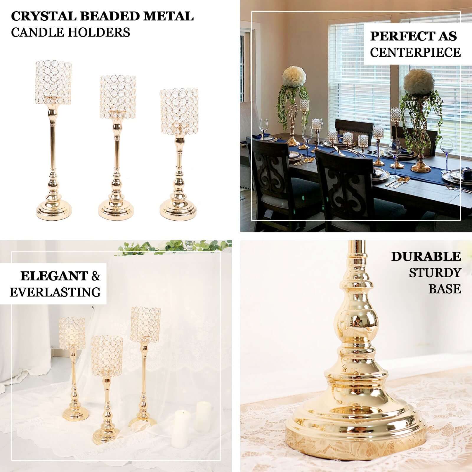 Set of 3 Crystal Beaded Goblet Votive Candle Holder Stands Gold - Tea Light Centerpiece 18", 16", 14" - Image 4