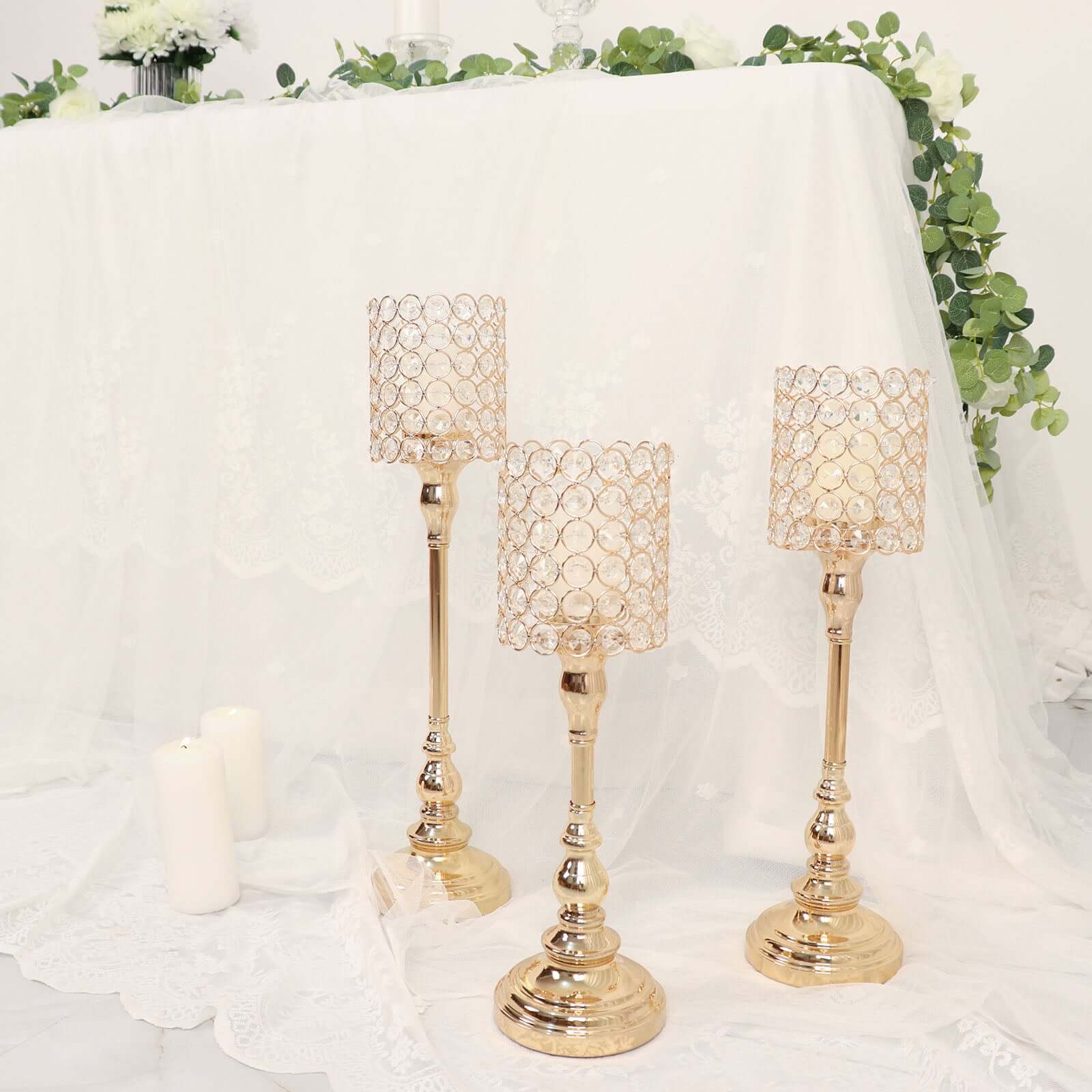 Set of 3 Crystal Beaded Goblet Votive Candle Holder Stands Gold - Tea Light Centerpiece 18", 16", 14" - Image 8