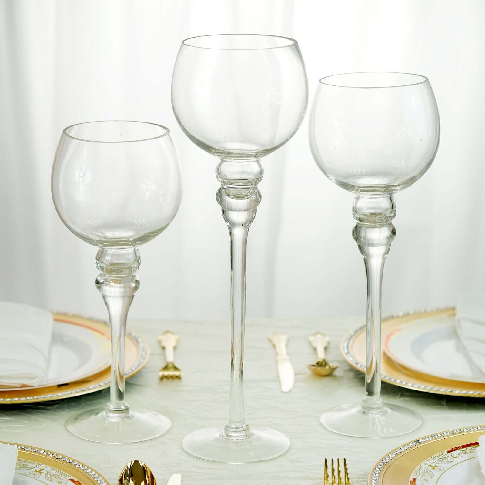 Set of 3 Glass Globe Vases Long Stem Clear - Stylish Candle Holder Floral Centerpieces 12", 14", 16" - Image 2
