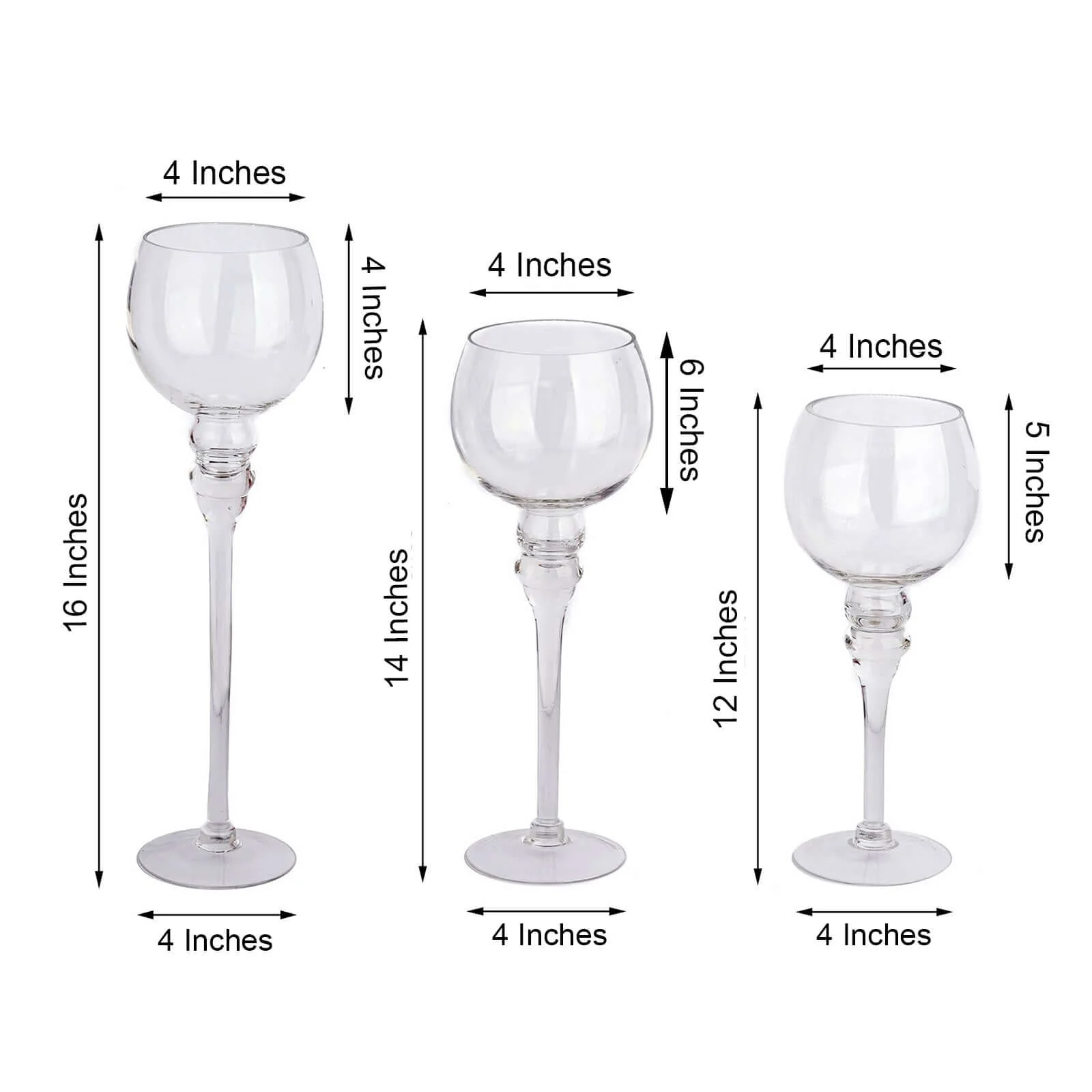 Set of 3 Glass Globe Vases Long Stem Clear - Stylish Candle Holder Floral Centerpieces 12", 14", 16" - Image 3