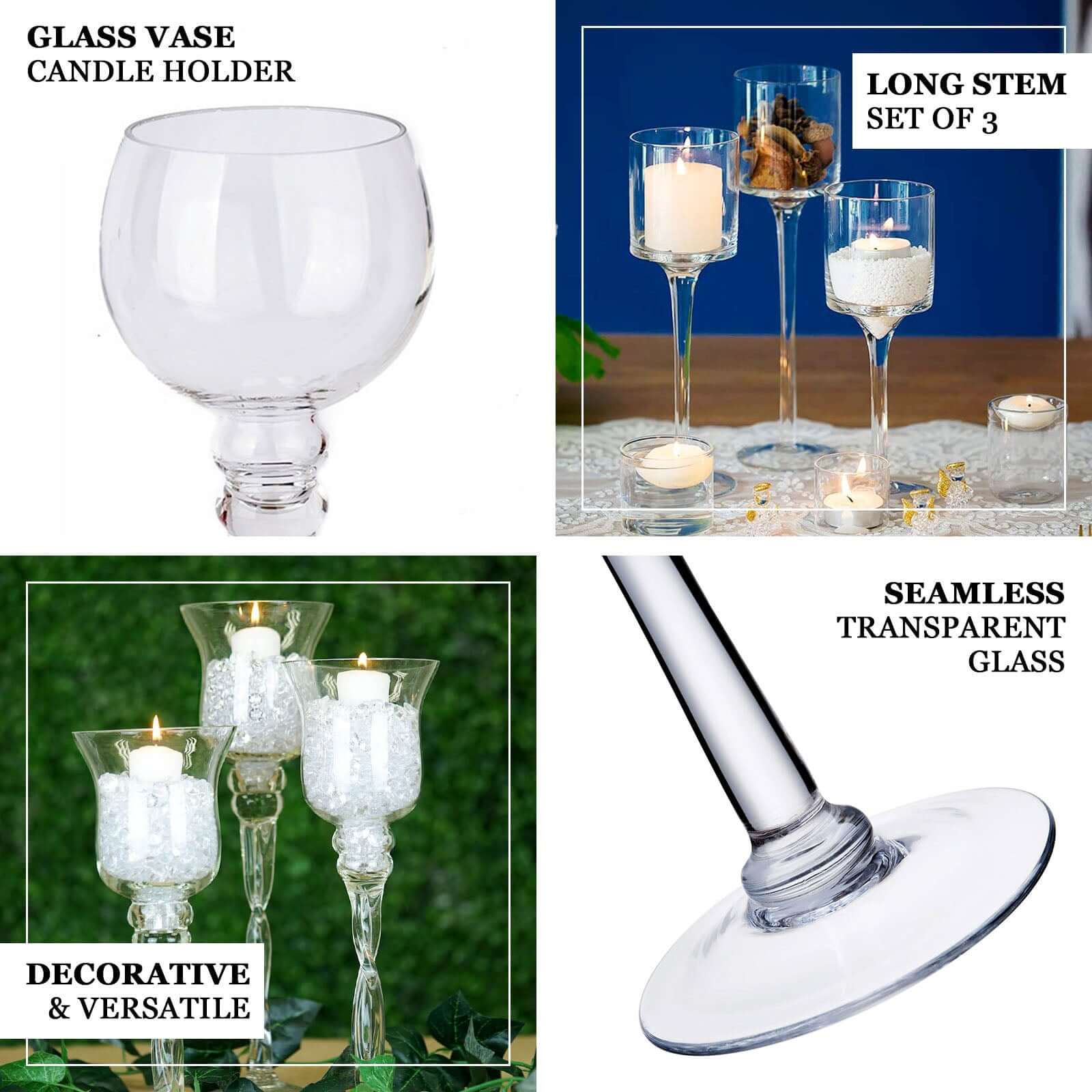 Set of 3 Glass Globe Vases Long Stem Clear - Stylish Candle Holder Floral Centerpieces 12", 14", 16" - Image 4