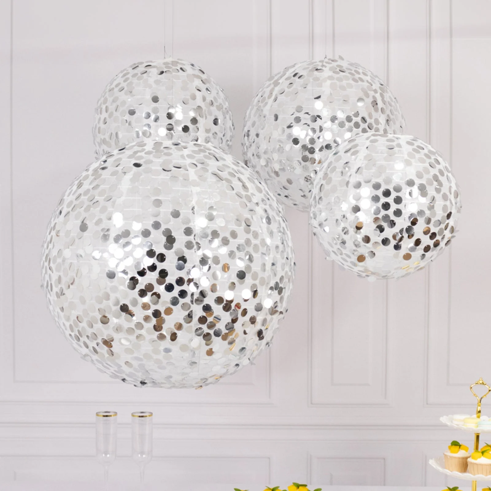 Set of 4 Glitter Silver Payette Sequin Hanging Lanterns, Large Decorative Round Foldable Fabric Chinese Lantern Lampshades - 12",14",16",20" - Image 3