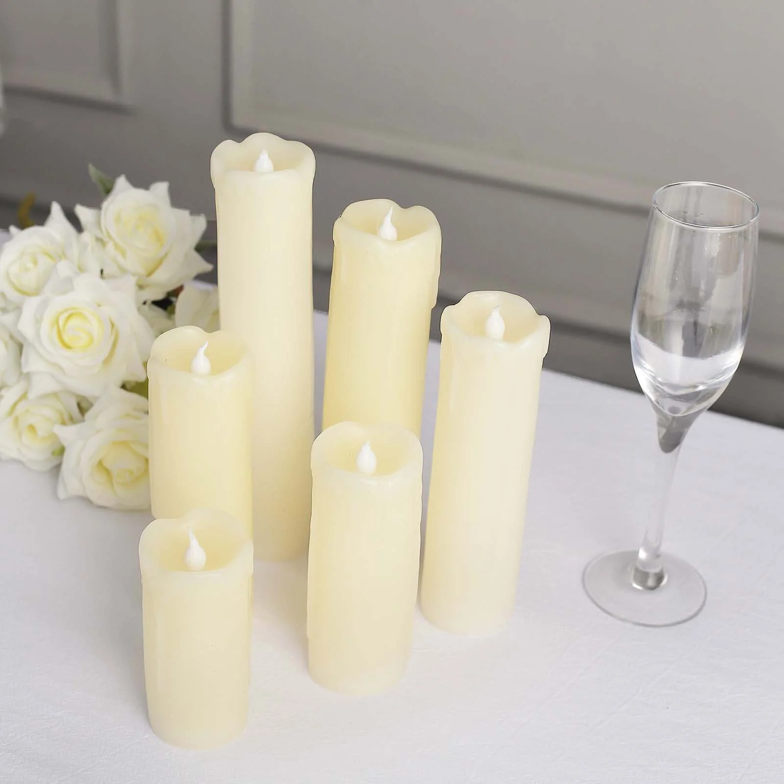 Set of 6 LED Flameless Luminaria Candles Drip Wax Ivory - Battery Operated Pillar Lighting - Image 2