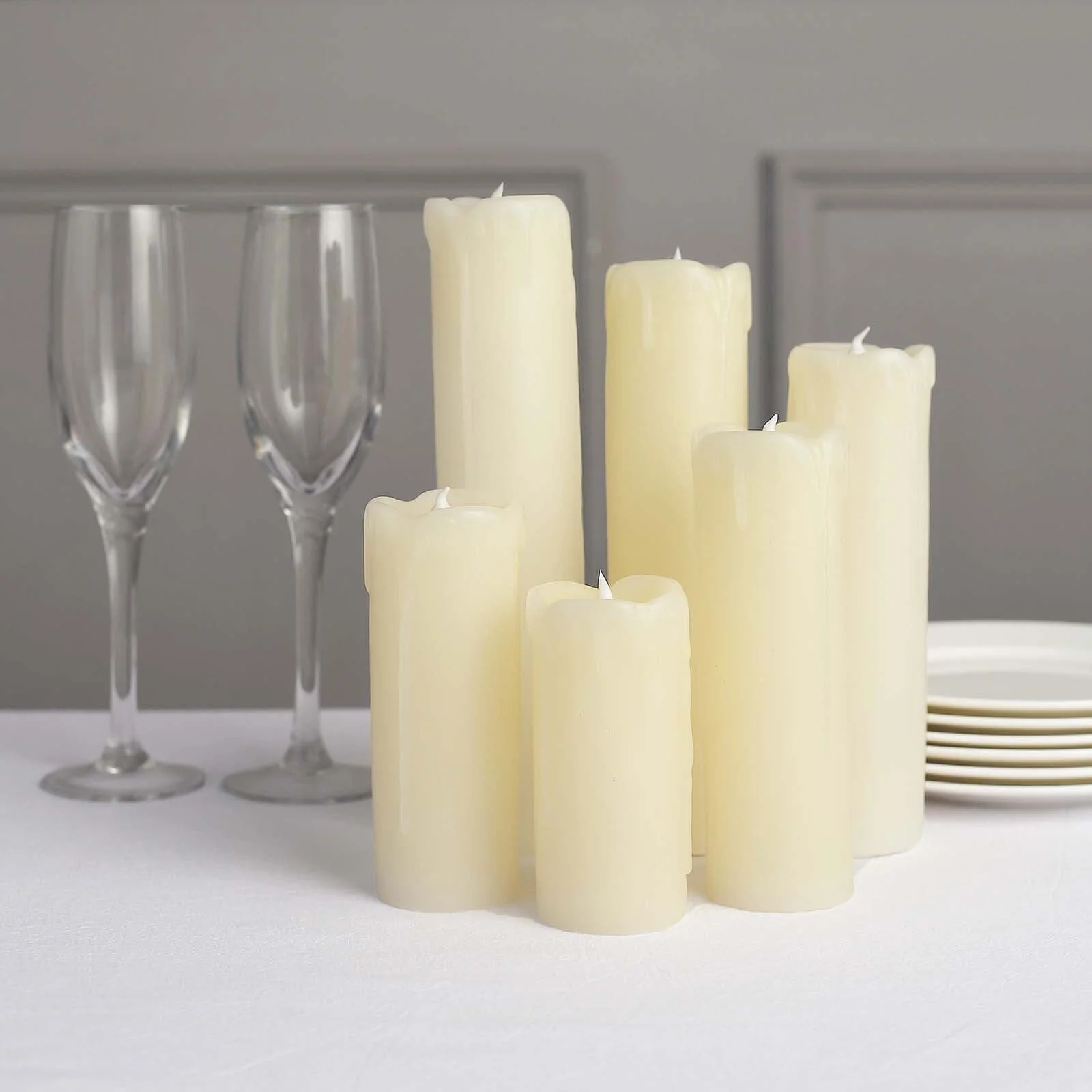 Set of 6 LED Flameless Luminaria Candles Drip Wax Ivory - Battery Operated Pillar Lighting - Image 7