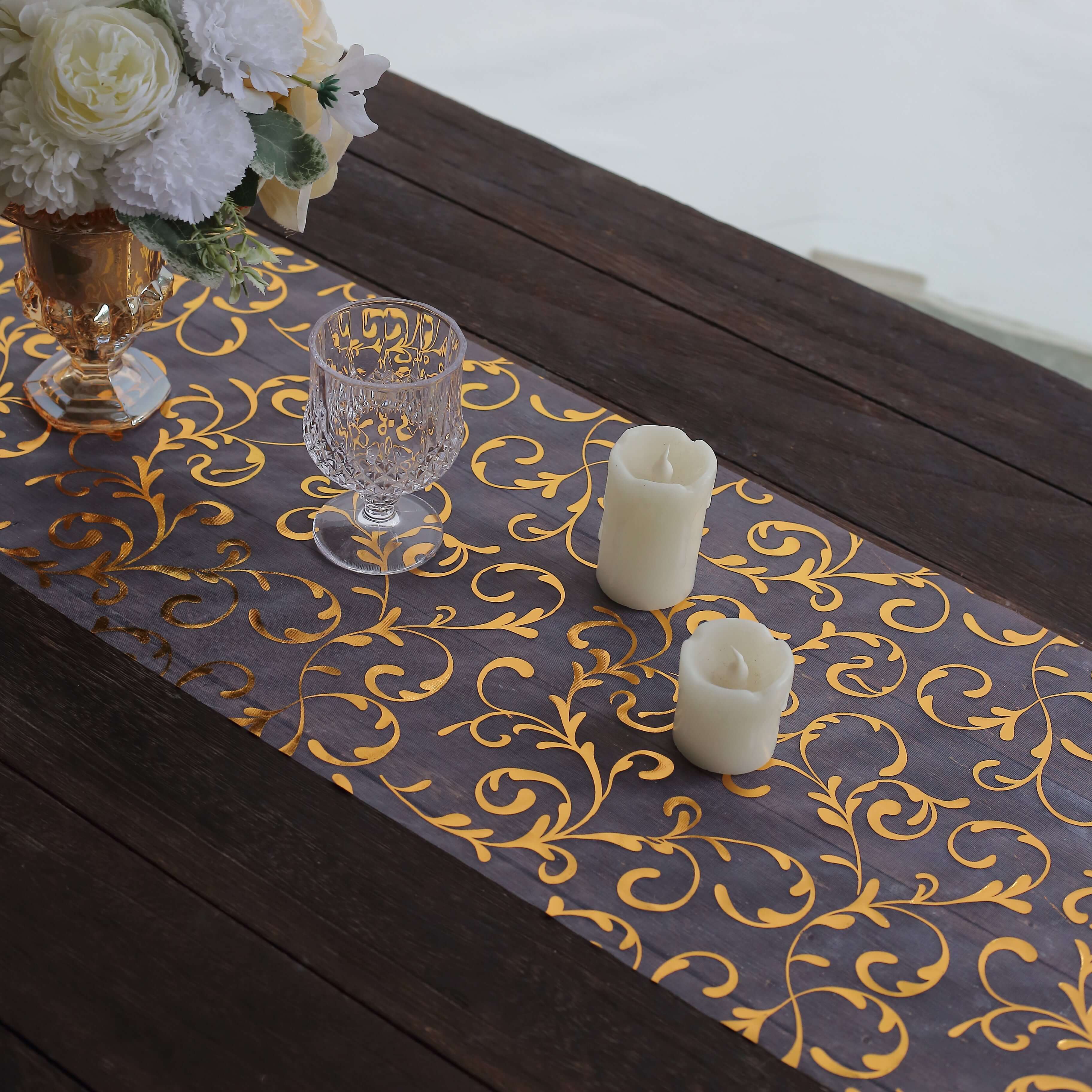 Sheer Organza 12"x108" Table Runner Roll Metallic Gold Foil Embossed Floral Design - Stylish Event Decoration - Image 2