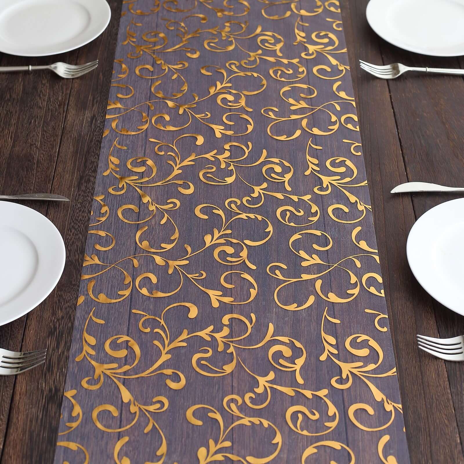 Sheer Organza 12"x108" Table Runner Roll Metallic Gold Foil Embossed Floral Design - Stylish Event Decoration - Image 3