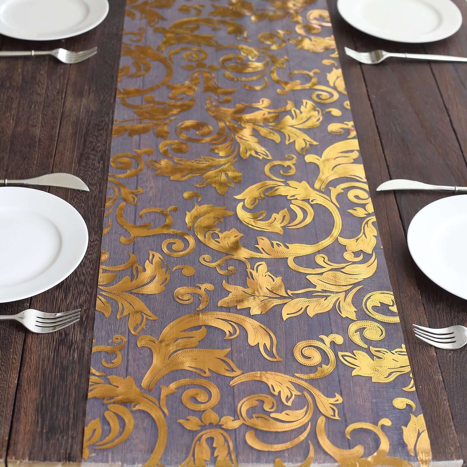 Sheer Organza 12"x108" Table Runner Roll Metallic Gold Foil Floral Swirl Design - Disposable Stylish Event Decoration - Image 3