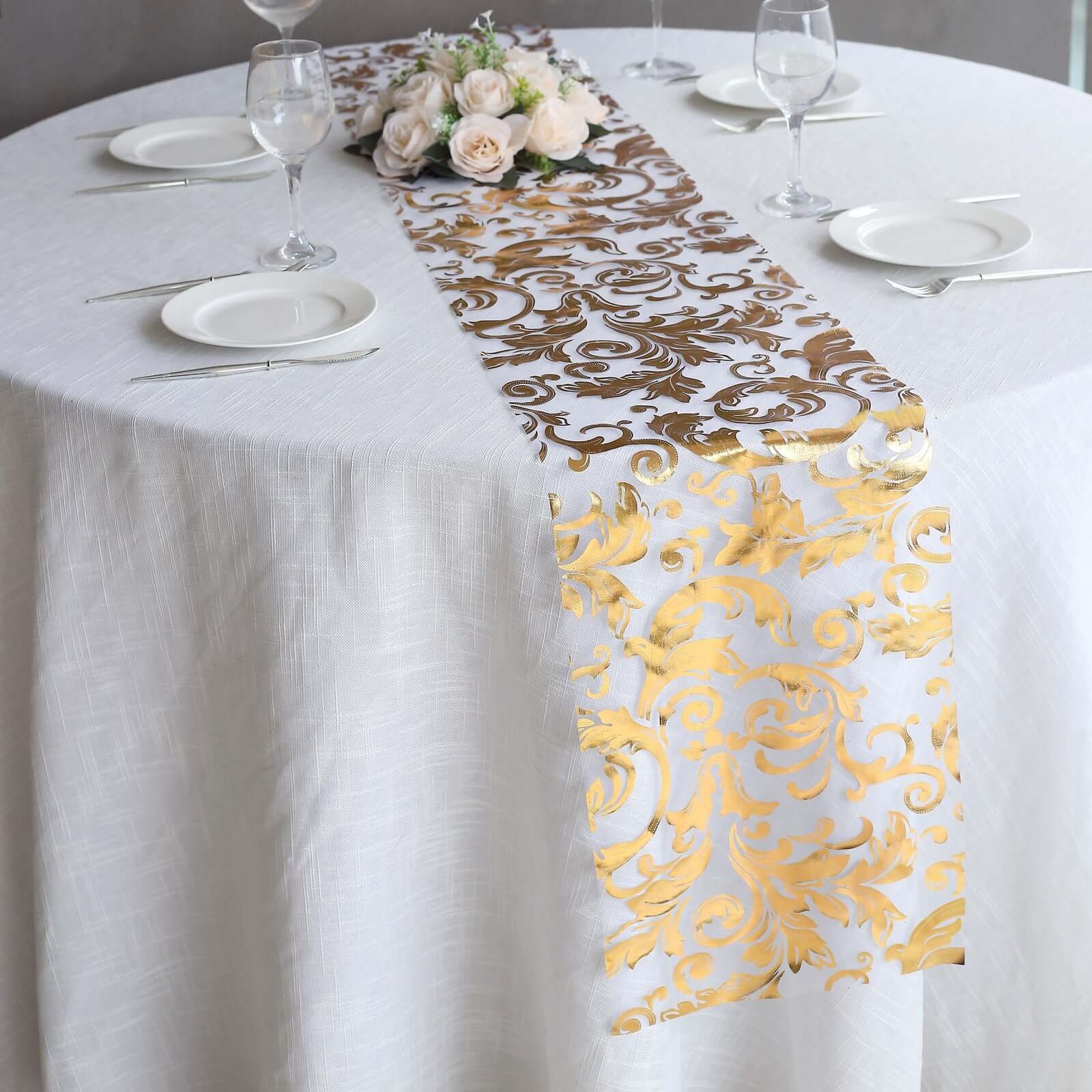 Sheer Organza 12"x108" Table Runner Roll Metallic Gold Foil Floral Swirl Design - Disposable Stylish Event Decoration - Image 4