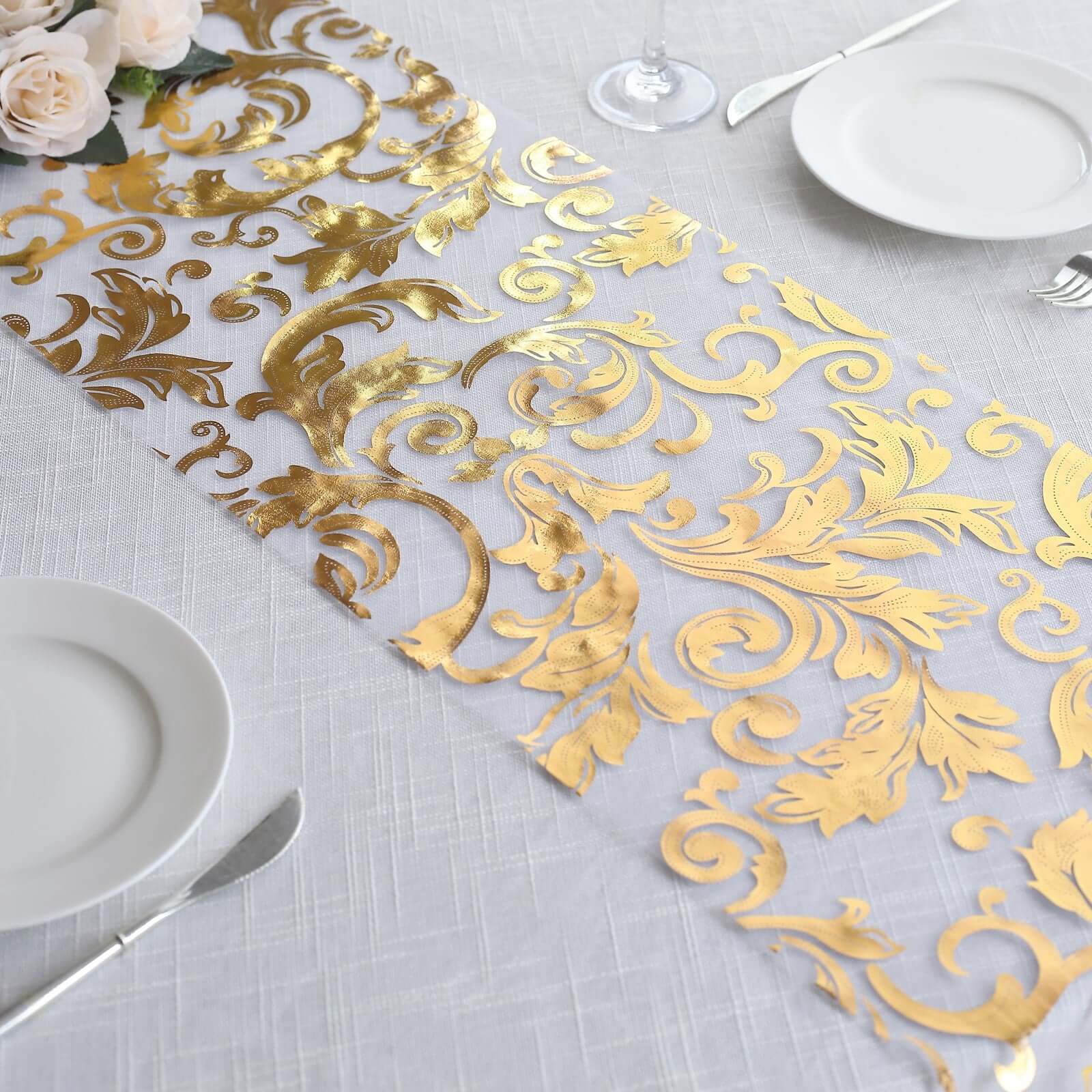 Sheer Organza 12"x108" Table Runner Roll Metallic Gold Foil Floral Swirl Design - Disposable Stylish Event Decoration - Image 5