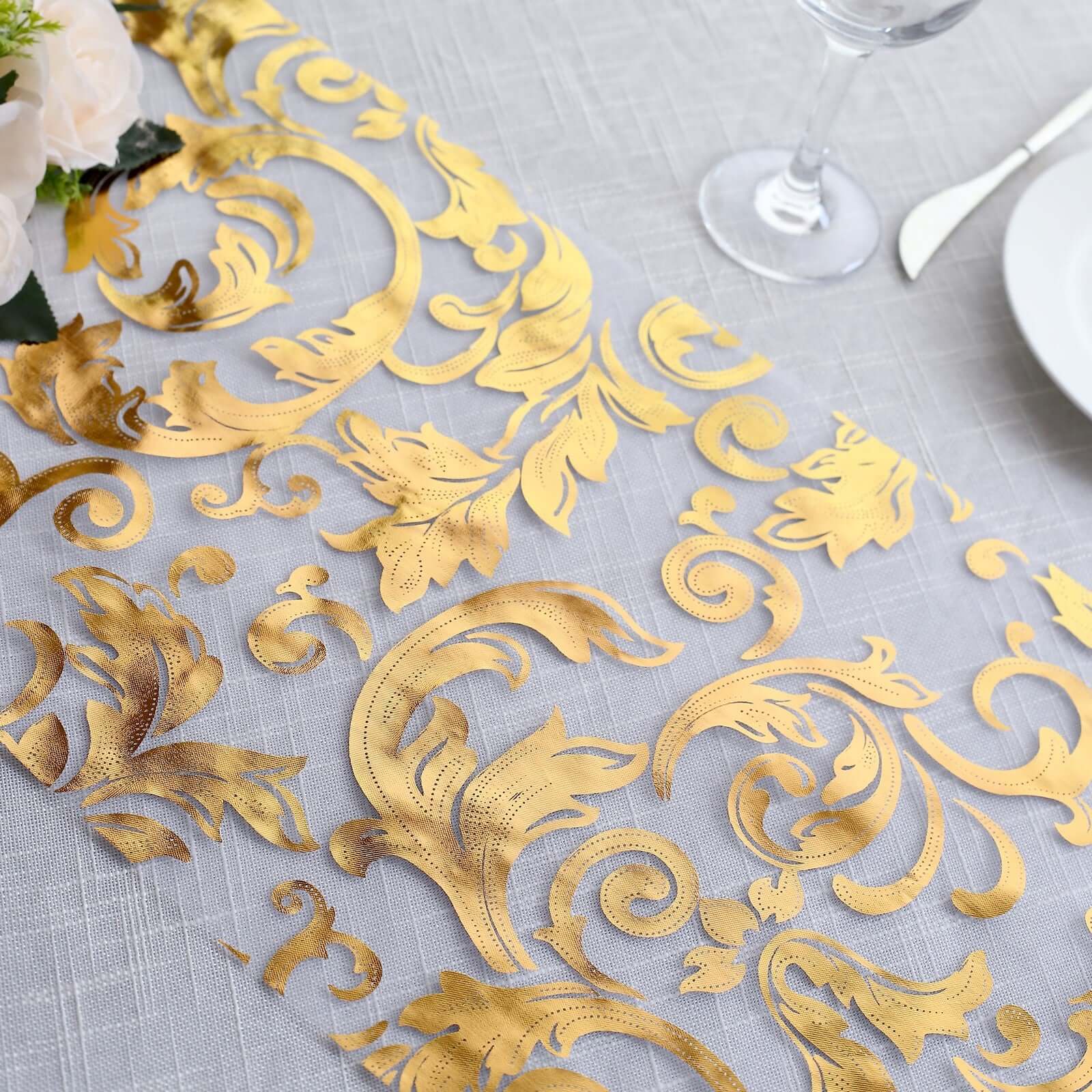 Sheer Organza 12"x108" Table Runner Roll Metallic Gold Foil Floral Swirl Design - Disposable Stylish Event Decoration - Image 6