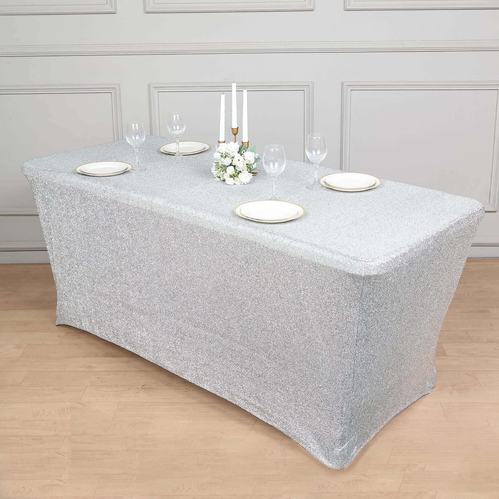 Shimmer Tinsel Spandex 72"x30" Rectangle Tablecloth Metallic Silver Glittered Shiny Stretch Table Cover - Image 2