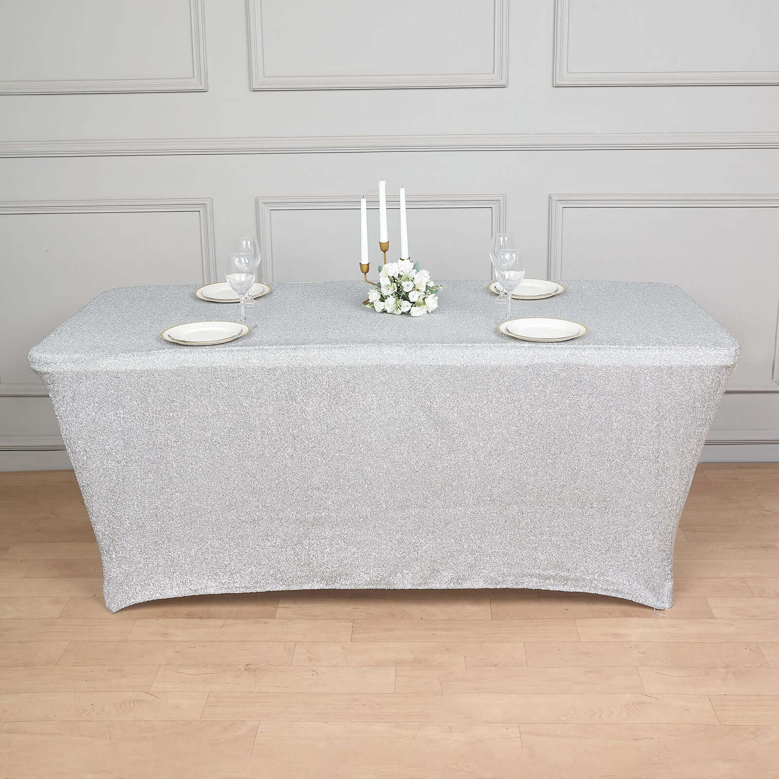 Shimmer Tinsel Spandex 72"x30" Rectangle Tablecloth Metallic Silver Glittered Shiny Stretch Table Cover - Image 4