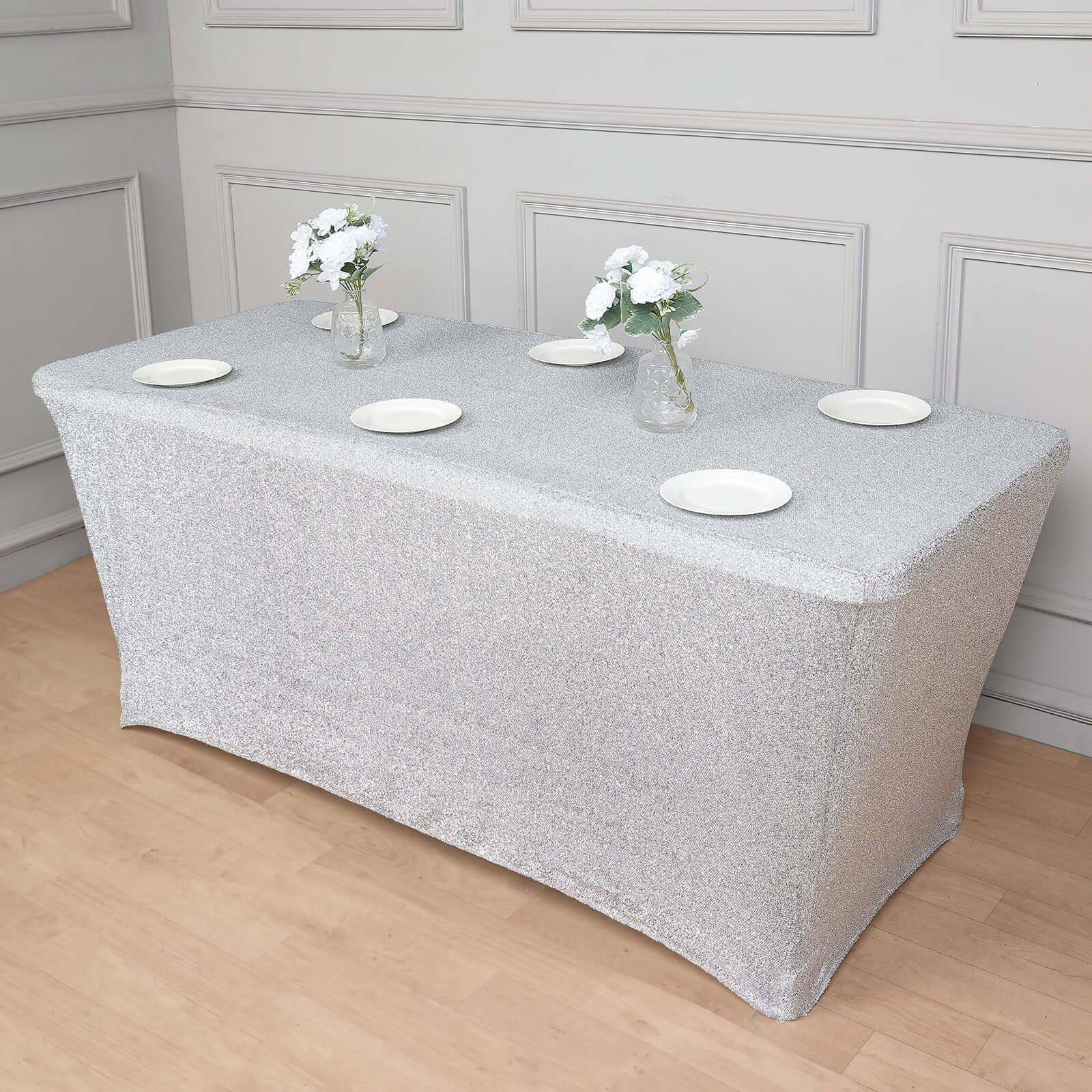 Shimmer Tinsel Spandex 72"x30" Rectangle Tablecloth Metallic Silver Glittered Shiny Stretch Table Cover - Image 6