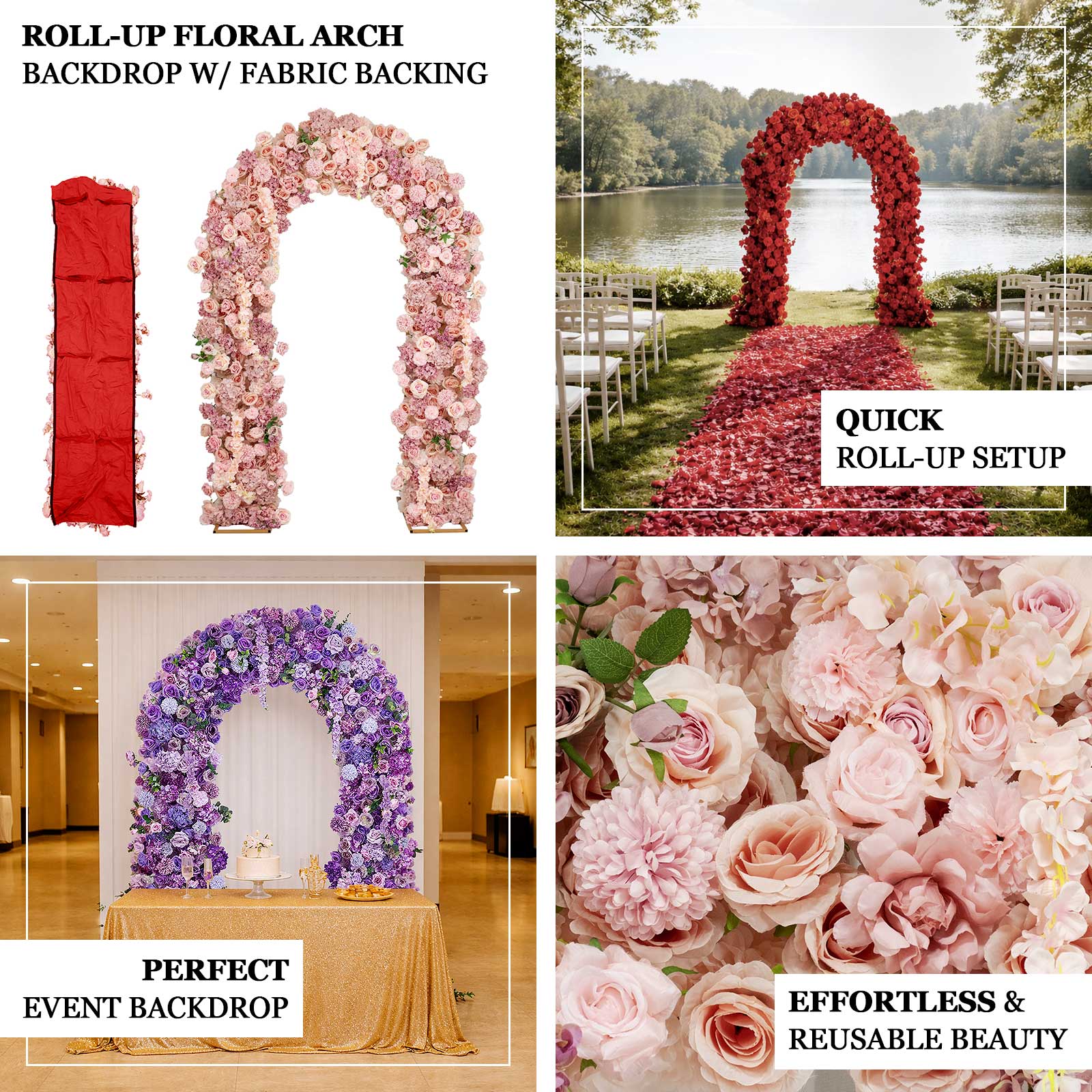 Artificial Flower Arch Backdrop Red 4ft x 8ft Silk Roses, Hydrangeas & Chrysanthemums for Round Top Double Arch Stand - Image 4
