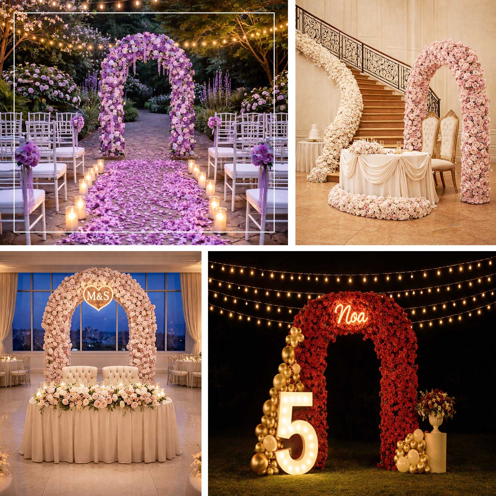 Artificial Flower Arch Backdrop Red 4ft x 8ft Silk Roses, Hydrangeas & Chrysanthemums for Round Top Double Arch Stand - Image 5