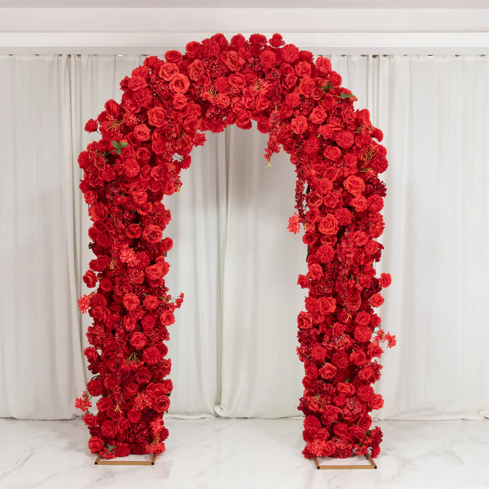 Artificial Flower Arch Backdrop Red 4ft x 8ft Silk Roses, Hydrangeas & Chrysanthemums for Round Top Double Arch Stand - Image 6