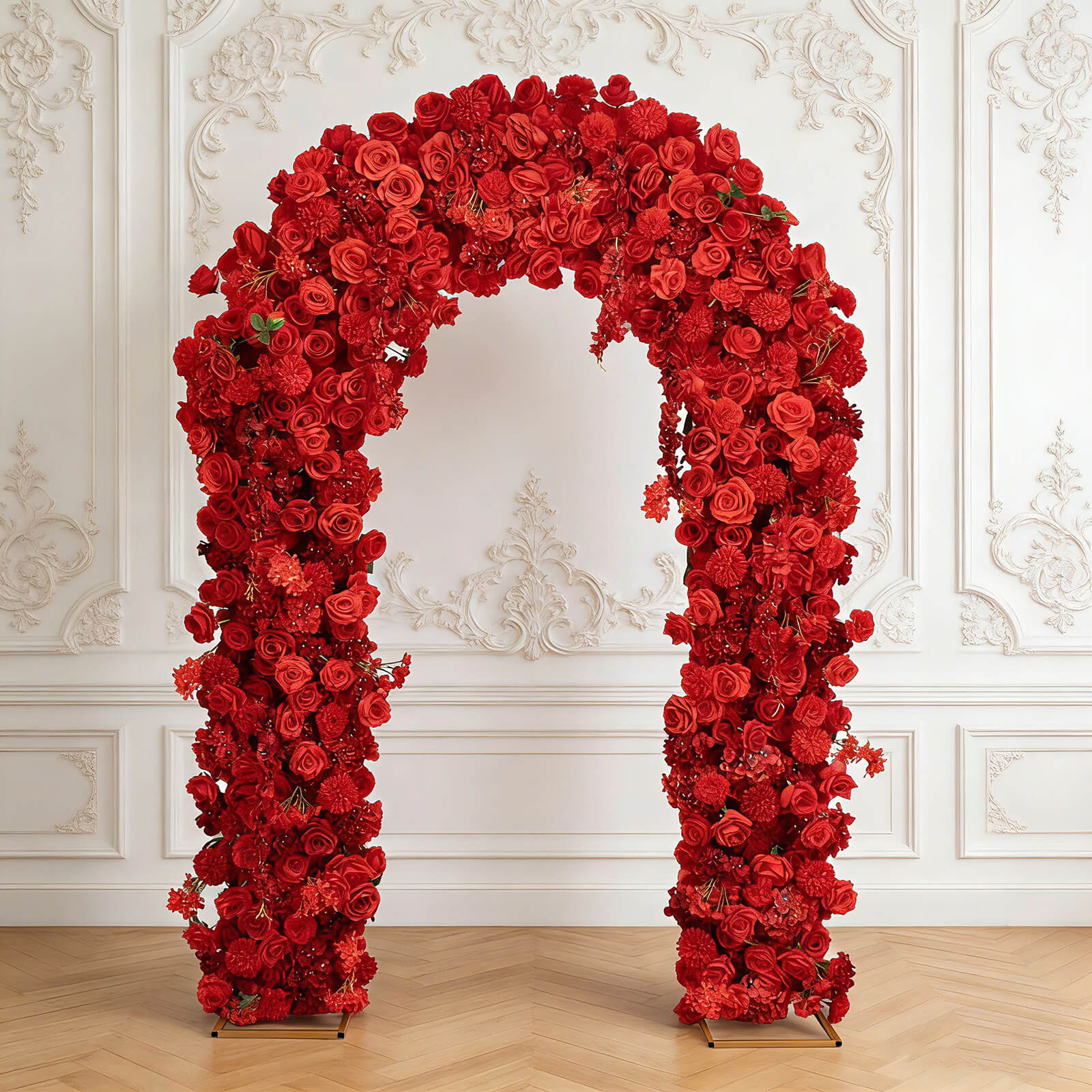 Artificial Flower Arch Backdrop Red 4ft x 8ft Silk Roses, Hydrangeas & Chrysanthemums for Round Top Double Arch Stand - Image 9