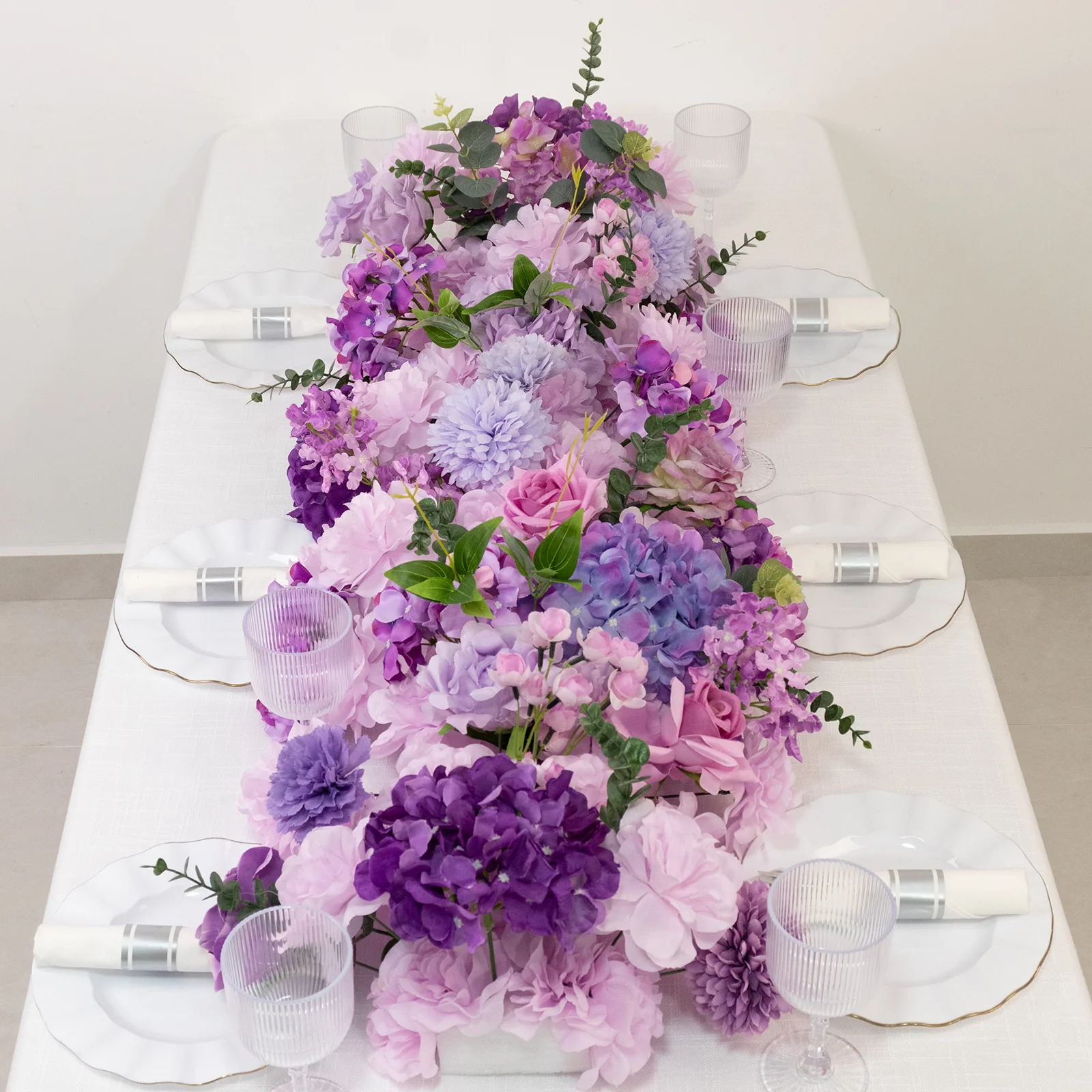 Pre-Arranged Silk Flower Table Runner 40"x16" Mixed Lavender Lilac – Roses, Hydrangeas, Chrysanthemums & Peonies for Wedding Table & Arch Decor - Image 8