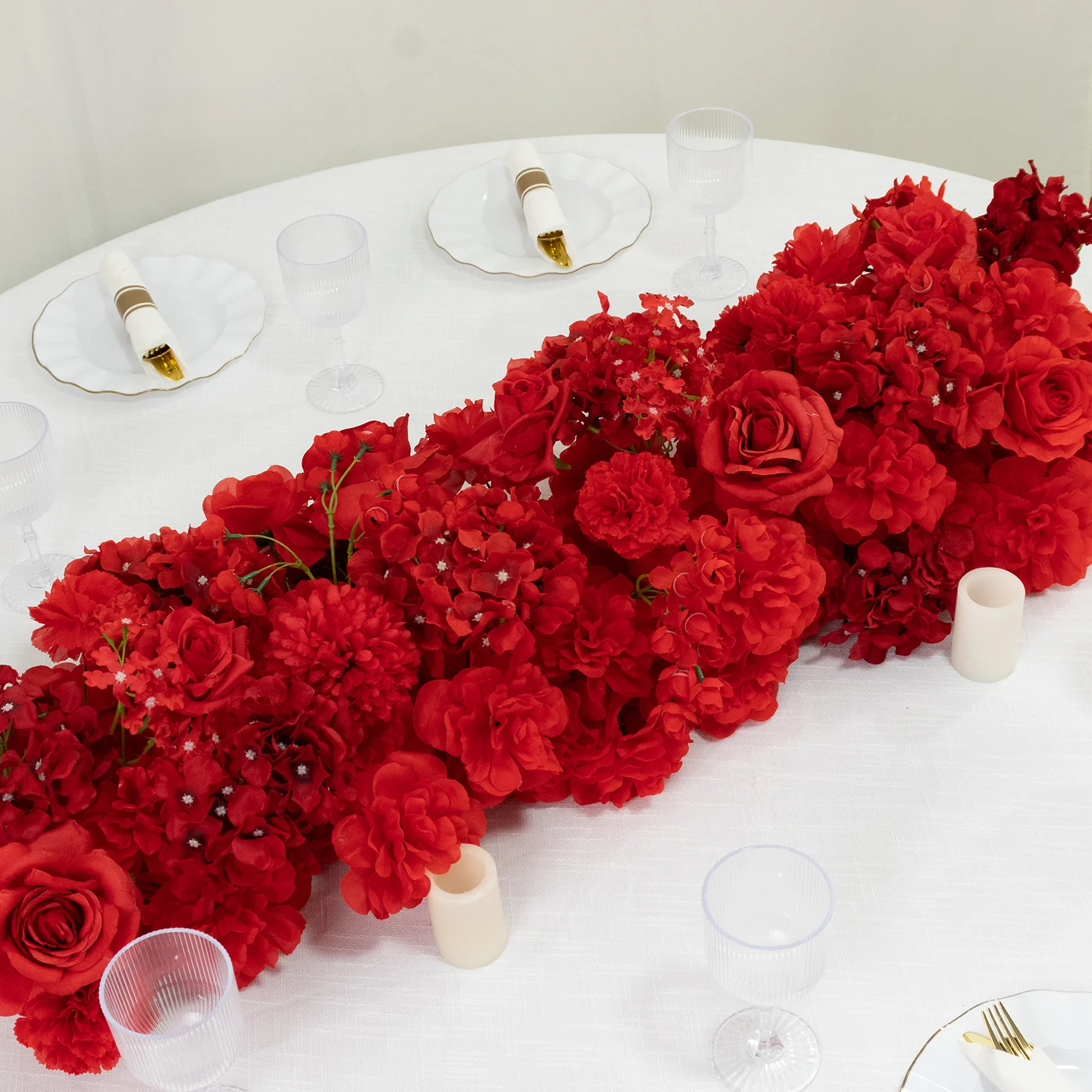 Pre-Arranged Silk Flower Table Runner 40"x16" Mixed Red – Roses, Hydrangeas, Chrysanthemums & Peonies for Wedding Table & Arch Decor - Image 8