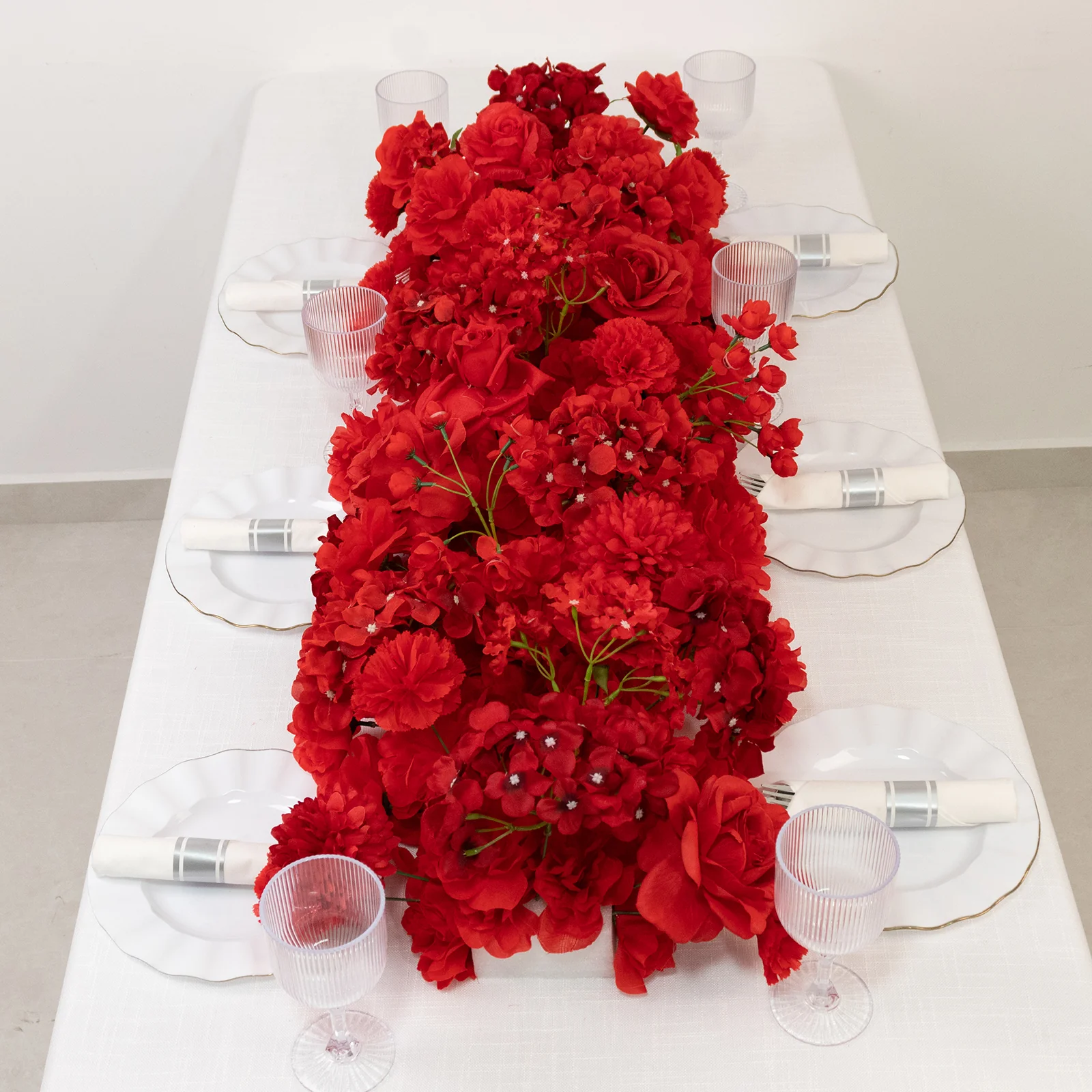 Pre-Arranged Silk Flower Table Runner 40"x16" Mixed Red – Roses, Hydrangeas, Chrysanthemums & Peonies for Wedding Table & Arch Decor - Image 9