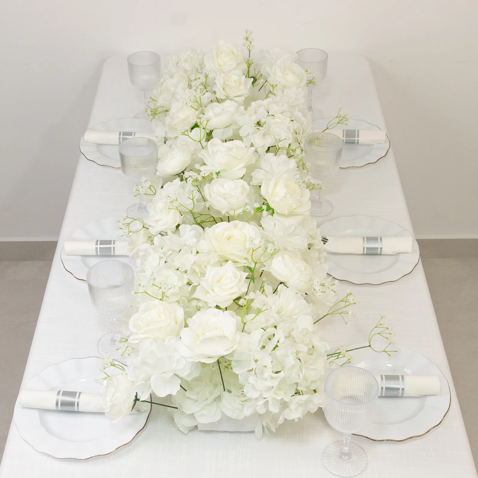 Pre-Arranged Silk Flower Table Runner 40"x16" – White Roses, Hydrangeas & Baby's Breath for Wedding Table & Arch Decor - Image 9