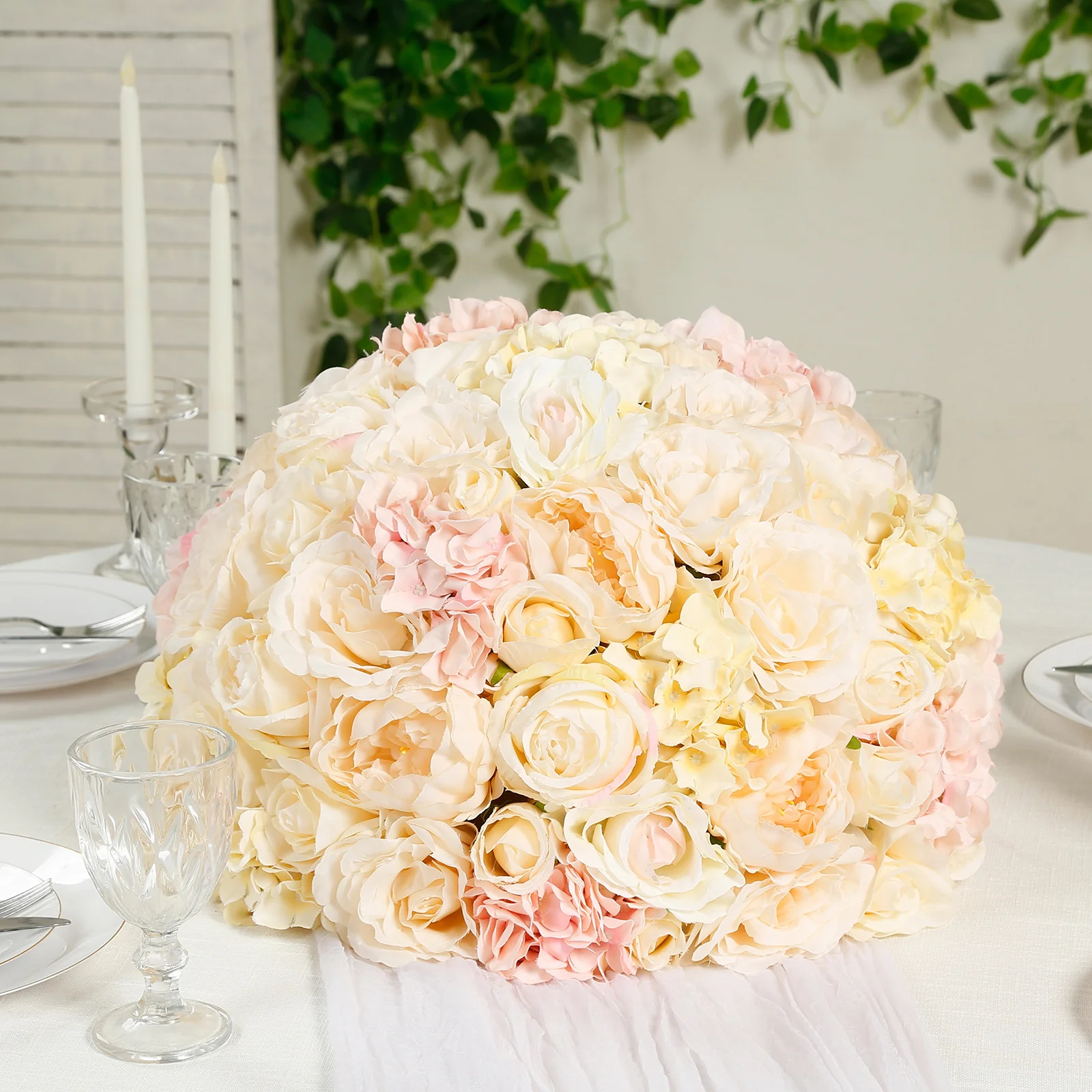 Pre-Arranged Silk Rose Wedding Centerpiece, Cream Artificial Rose Flower Balls Arrangement Table Decor - 20"