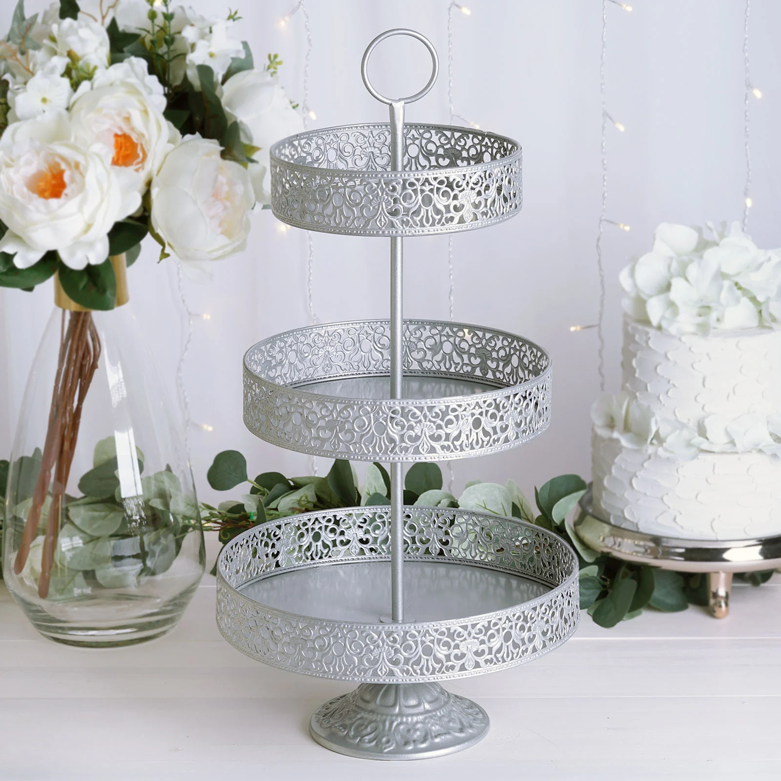 Metal Cupcake Stand 3-Tier Reversible Design Silver - Dessert Holder and Serving Tray 23"