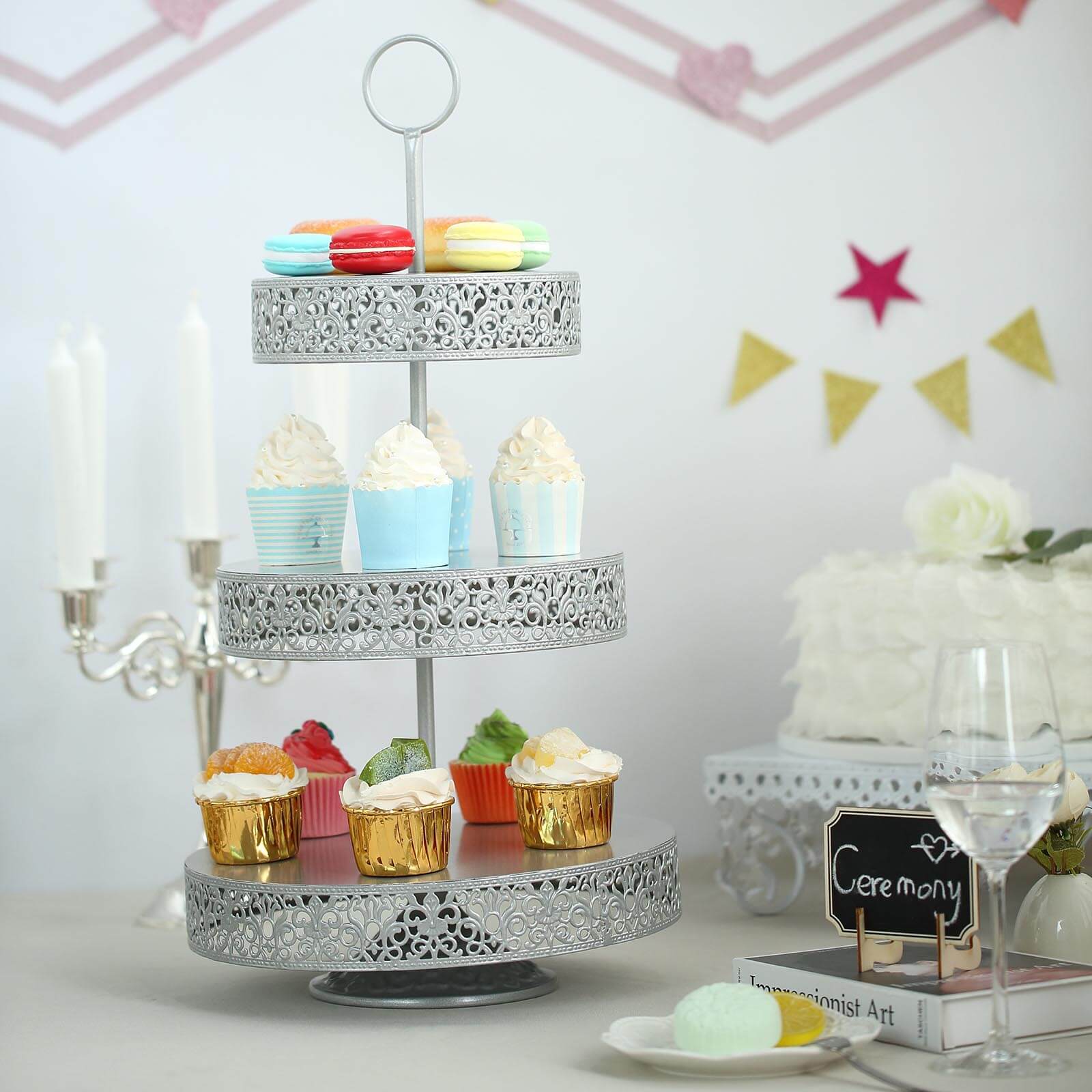 Metal Cupcake Stand 3-Tier Reversible Design Silver - Dessert Holder and Serving Tray 23" - Image 9