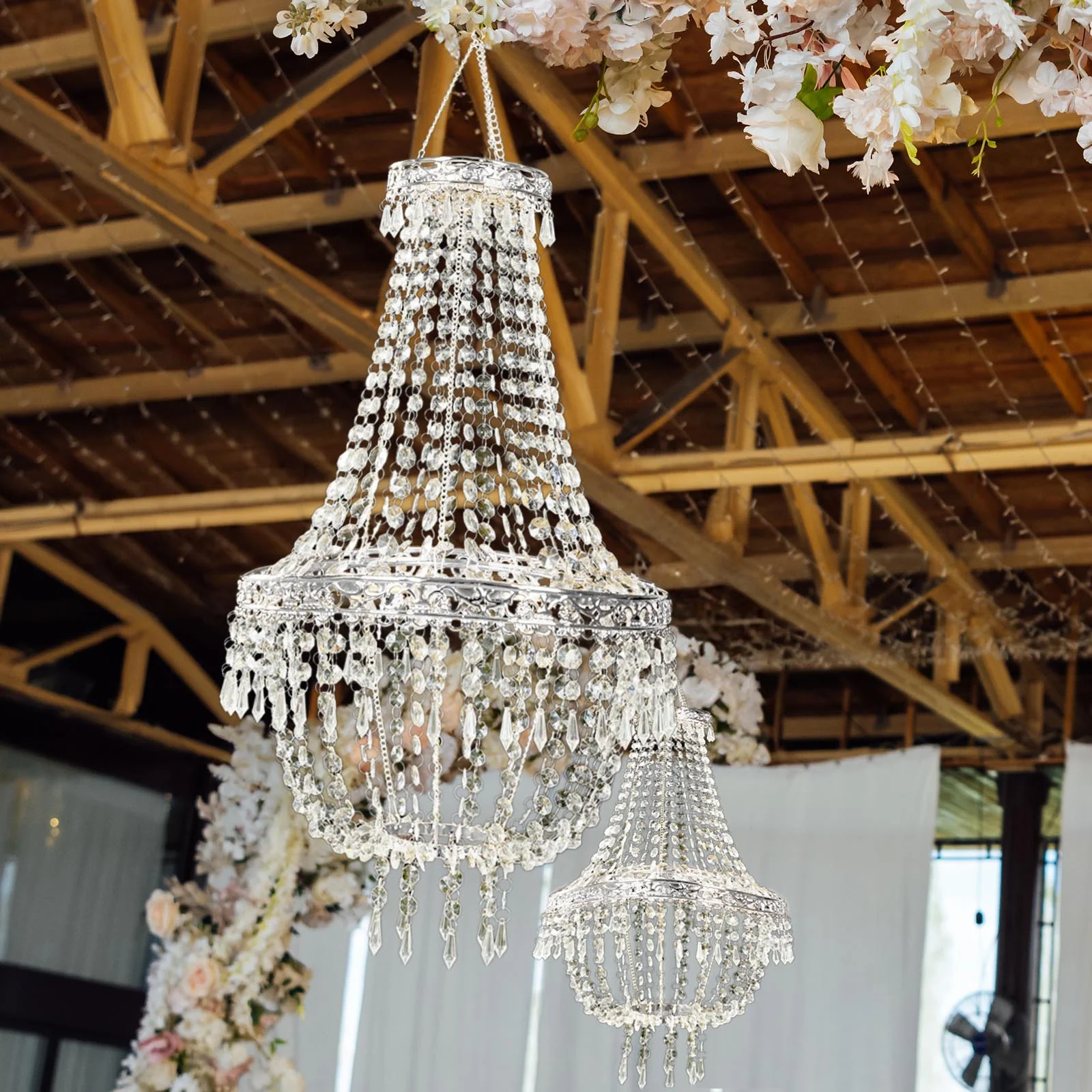 5ft Empire Style Beaded Crystal Chandelier with Silver Ornate Metal Frame, Adjustable Hanging Farmhouse Pendant Ceiling Lighting - Image 9