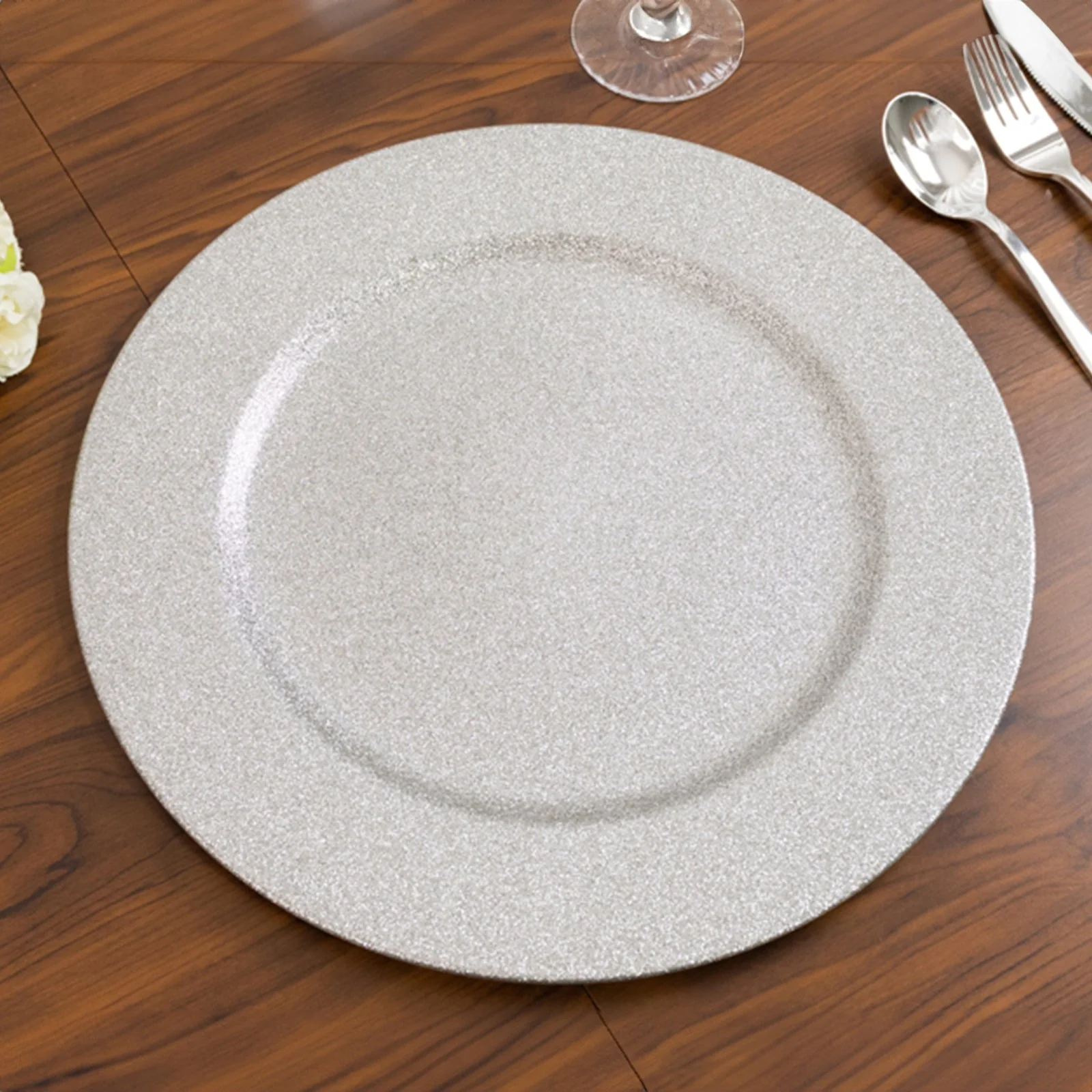 6-Pack Acrylic Plastic Round Charger Plates 13" in Silver with Dust Free Glitter Finish, Decorative Dinner Party Charger Tableware