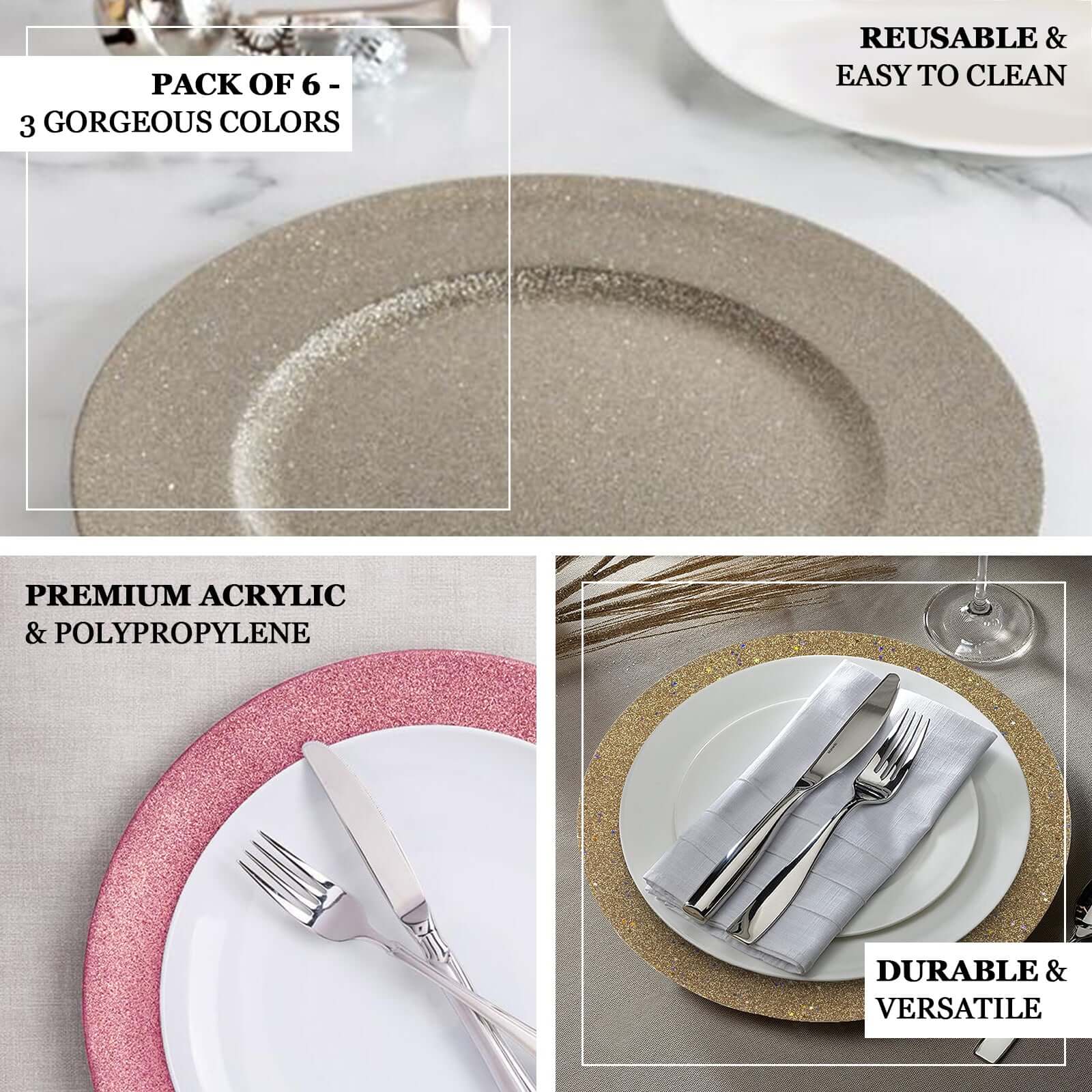 6-Pack Acrylic Plastic Round Charger Plates 13" in Silver with Dust Free Glitter Finish, Decorative Dinner Party Charger Tableware - Image 4
