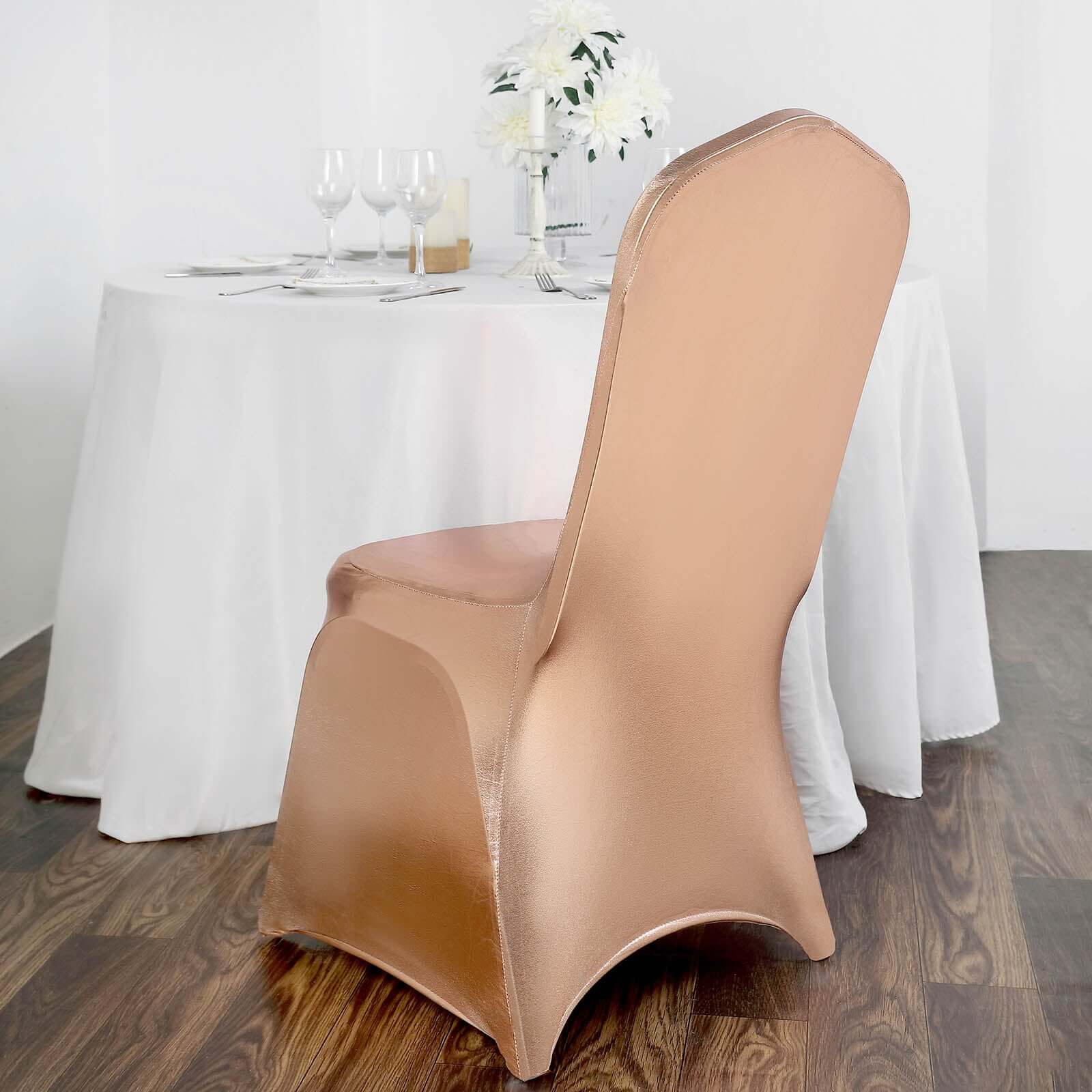 Spandex Banquet Chair Cover Metallic Rose Gold - Glittering Fitted Slipcover - Image 12