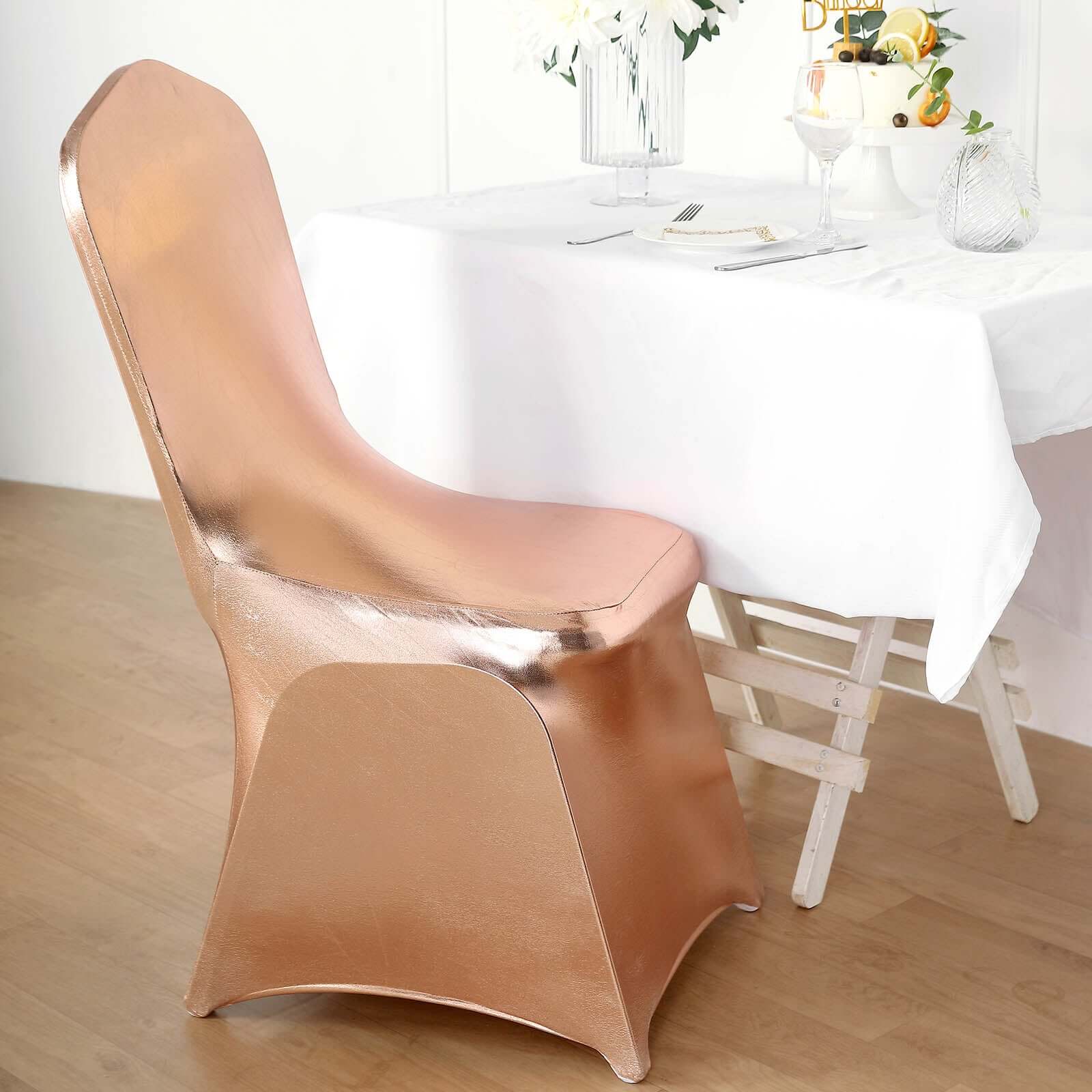 Spandex Banquet Chair Cover Metallic Rose Gold - Glittering Fitted Slipcover - Image 15