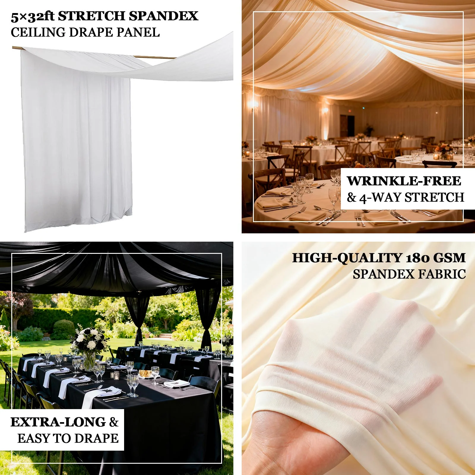 Ivory Spandex Ceiling Drape Panel, 5ft x 32ft — Wrinkle-Free 4-Way Stretch Fabric, Extra-Long Curtain for Event Ceiling or Backdrop Décor - Image 4
