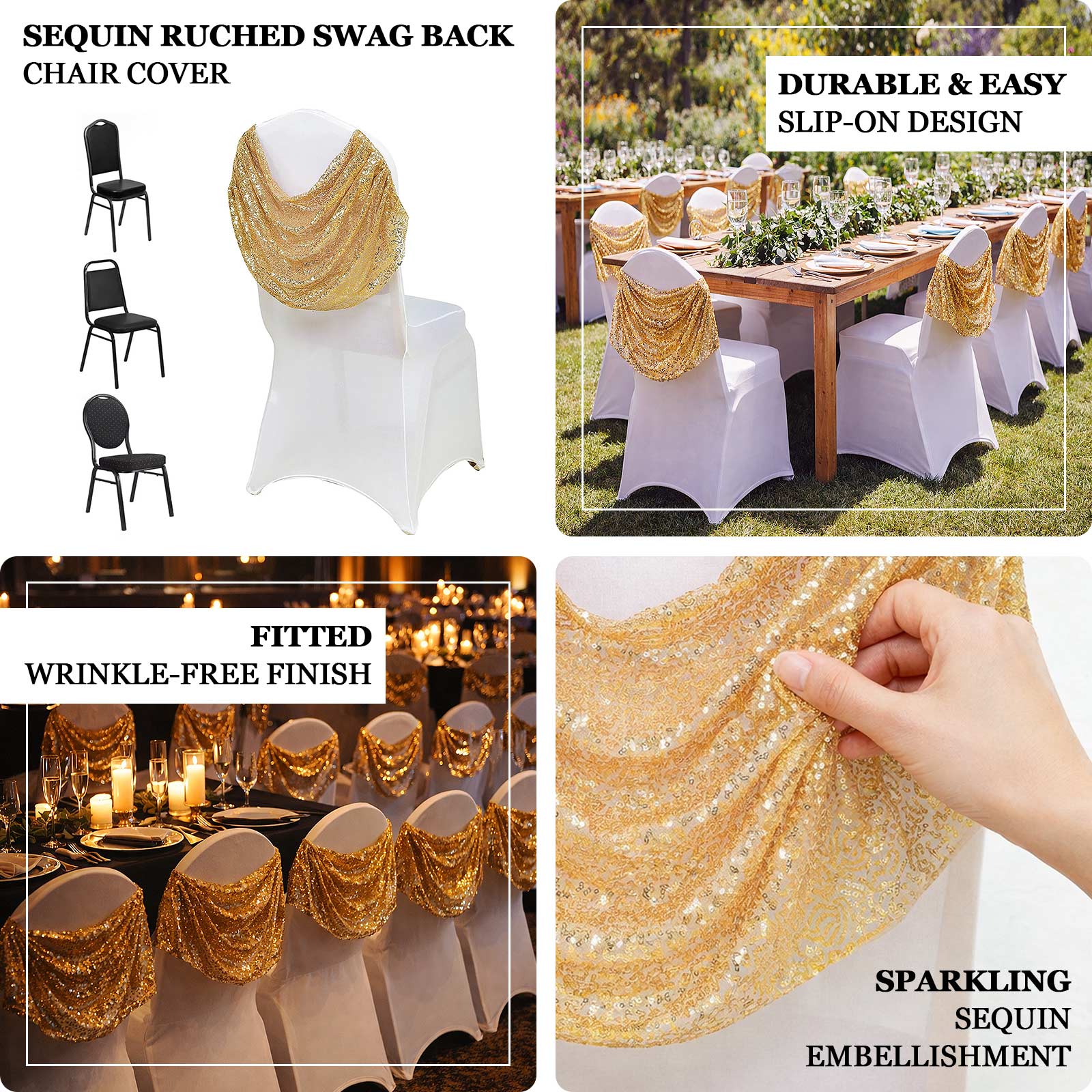White Spandex Fitted Banquet Chair Cover with Gold Sequin Ruched Swag Back and Foot Pockets, Durable Slip-On Slipcover - Image 4