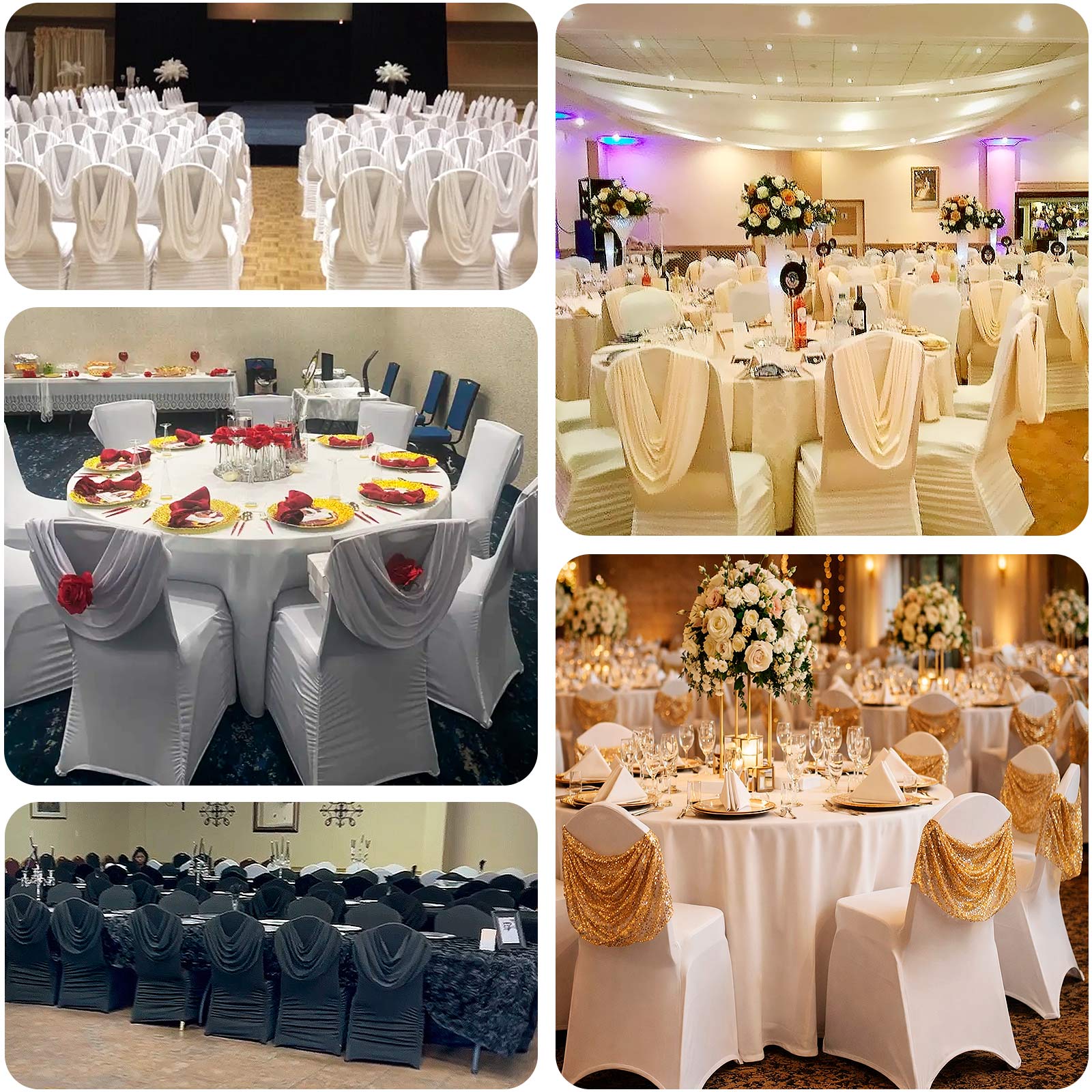 White Spandex Fitted Banquet Chair Cover with Gold Sequin Ruched Swag Back and Foot Pockets, Durable Slip-On Slipcover - Image 5