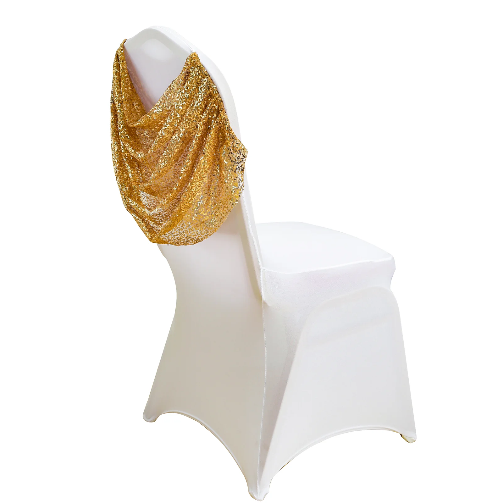 White Spandex Fitted Banquet Chair Cover with Gold Sequin Ruched Swag Back and Foot Pockets, Durable Slip-On Slipcover - Image 6
