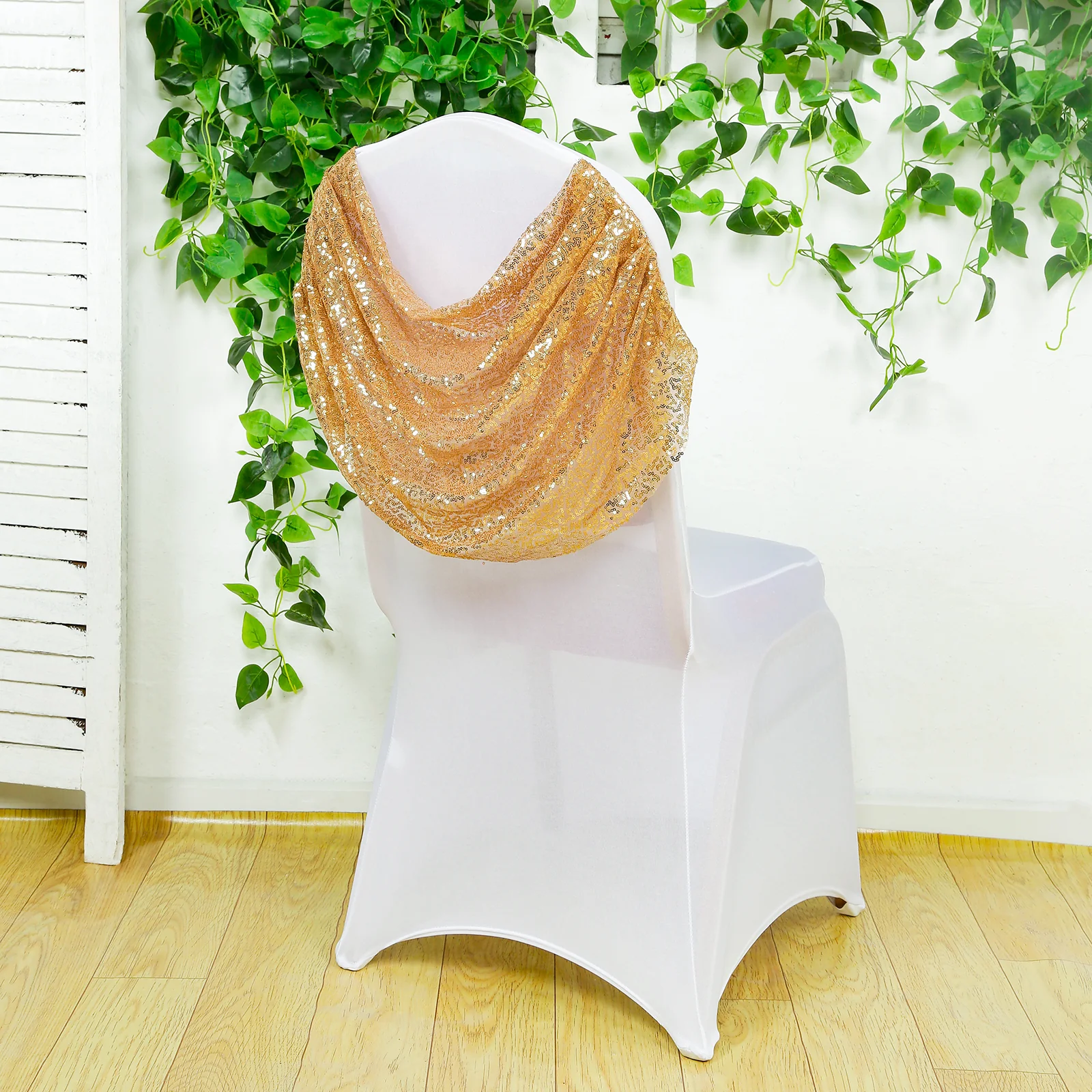 White Spandex Fitted Banquet Chair Cover with Gold Sequin Ruched Swag Back and Foot Pockets, Durable Slip-On Slipcover - Image 7